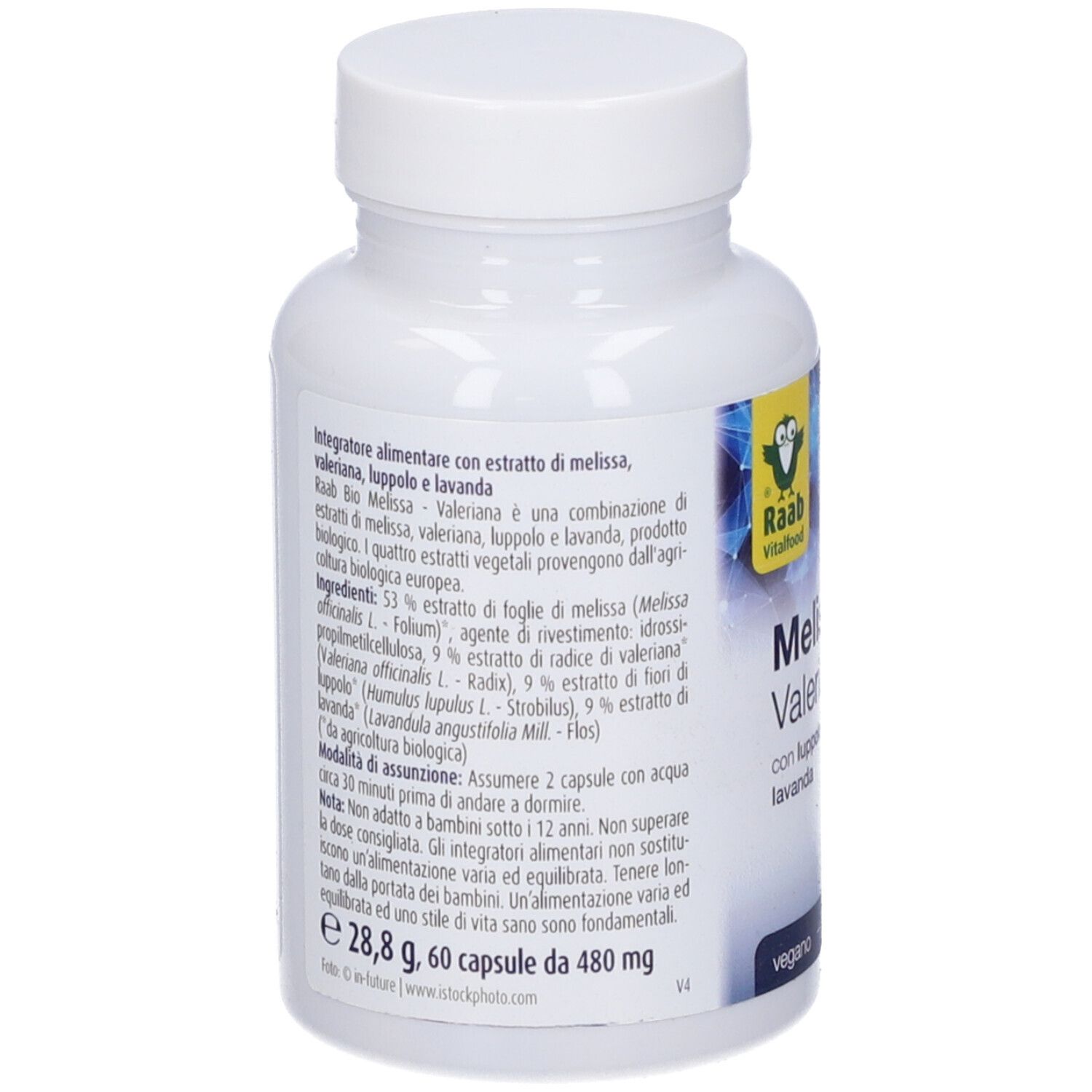 Retro del flacone bianco di capsule. Testo: ingredienti, modalità d'uso, marchio BIO. Marchio: Raab Vitalfood.