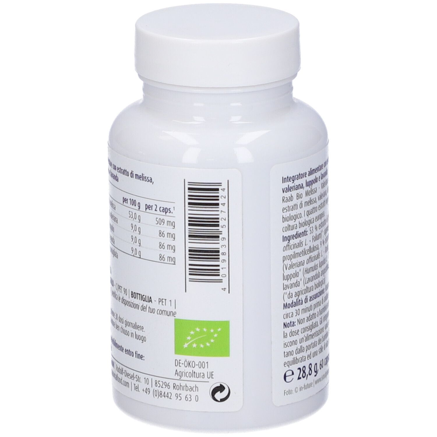 Retro del flacone bianco di capsule. Testo: valori nutrizionali, codice a barre, marchio BIO. Marchio: Raab Vitalfood.