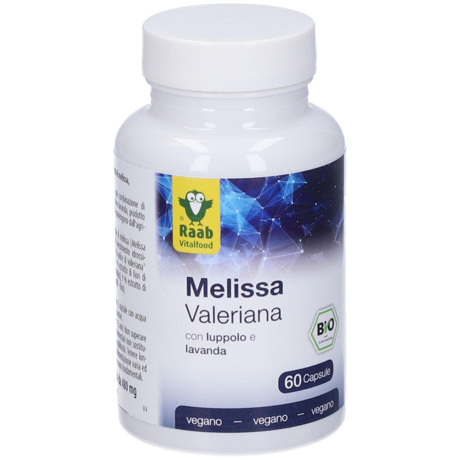 Flacone bianco di capsule. Scritta: Melissa Valeriana, 60 capsule, marchio BIO. Marchio: Raab Vitalfood.