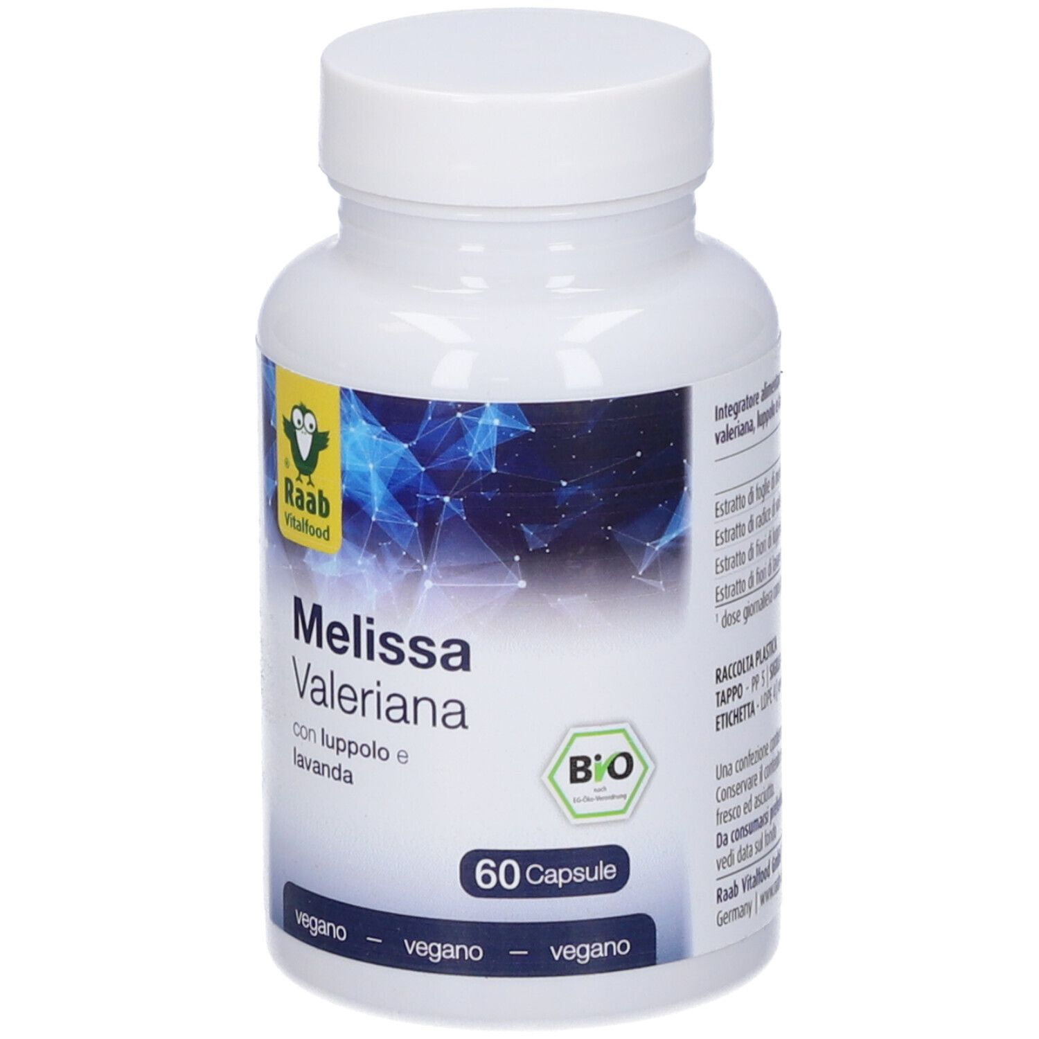 Flacone bianco di capsule. Scritta: Melissa Valeriana, 60 capsule, marchio BIO. Marchio: Raab Vitalfood.