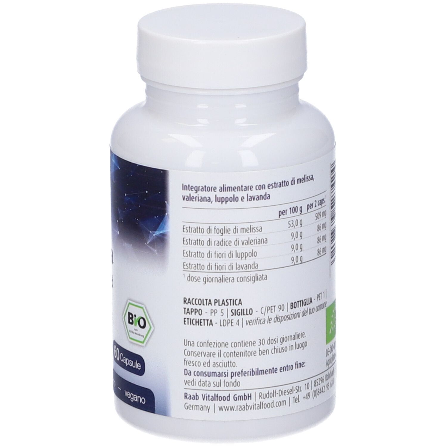 Retro del flacone bianco di capsule. Testo: ingredienti, valori nutrizionali, marchio BIO. Marchio: Raab Vitalfood.