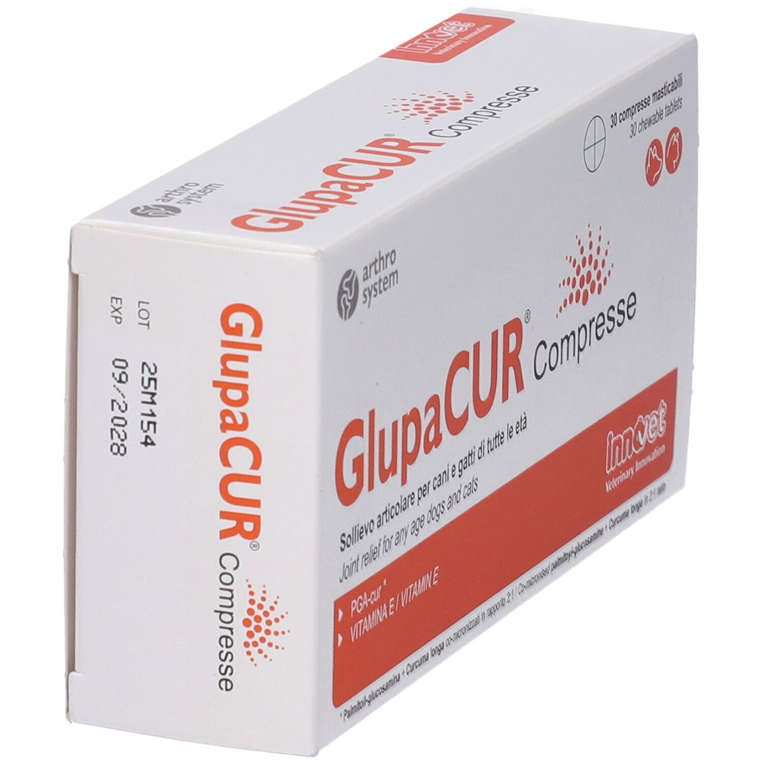 Scatola bianca GlupaCUR Compresse. Dettagli arancioni. Testo: Sollievo articolare per cani e gatti. 30 compresse.