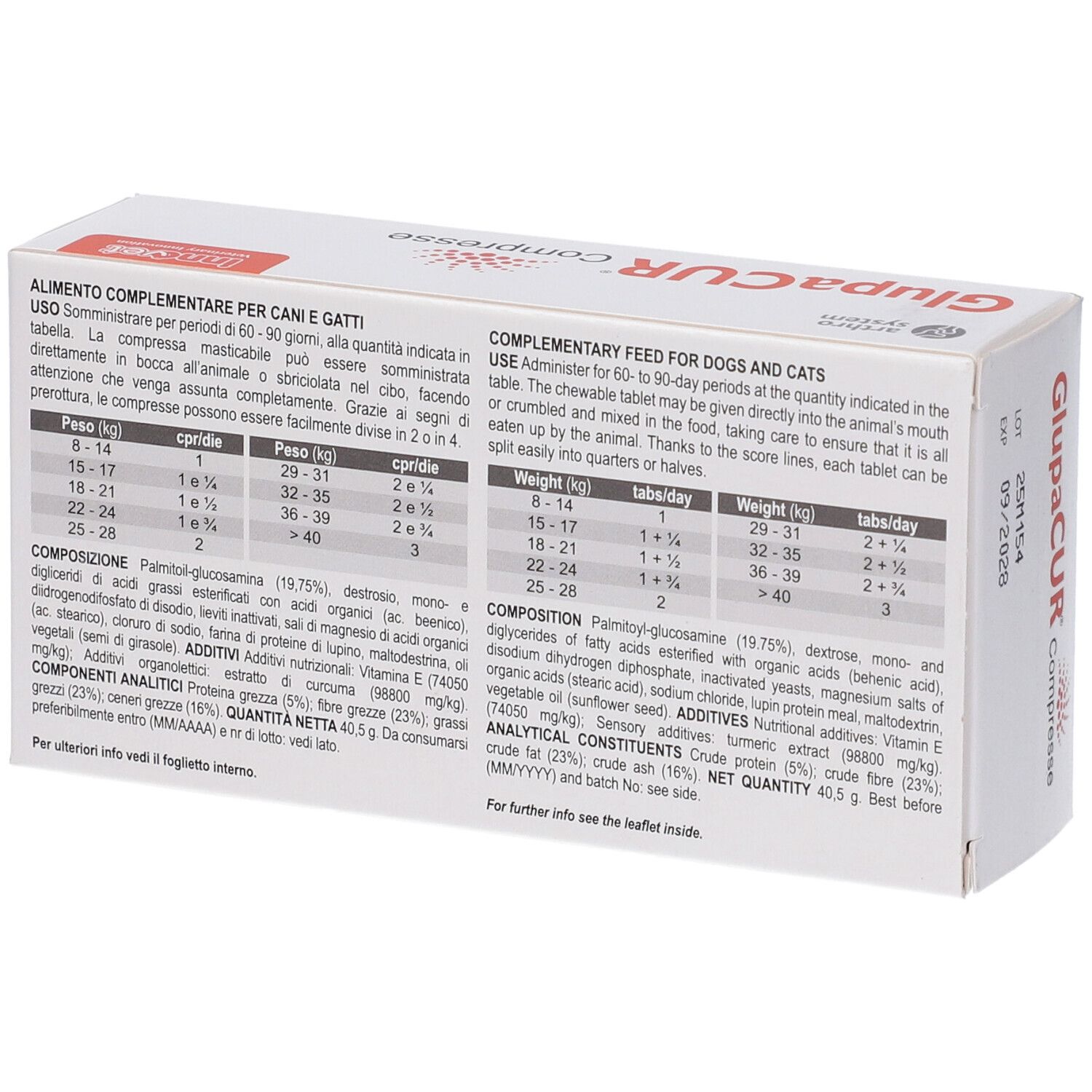 Scatola bianca con testo. Tabelle di dosaggio. Testo: Complementary feed for dogs and cats. Ingredienti.