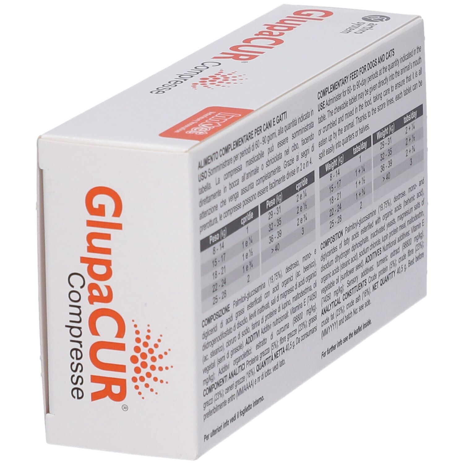 Scatola bianca con testo. Tabelle di dosaggio. Testo: Complementary feed for dogs and cats. Ingredienti.