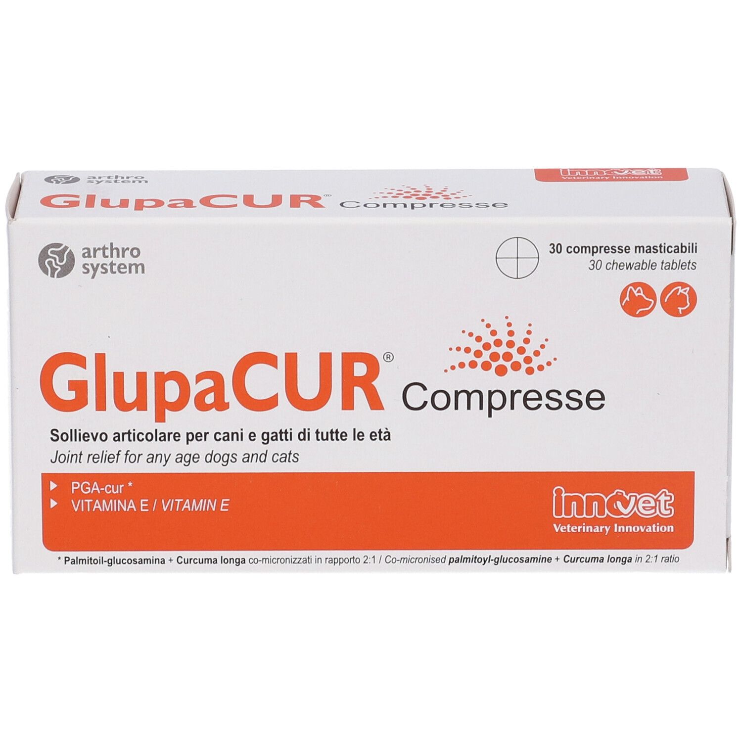 Scatola bianca GlupaCUR Compresse. Dettagli arancioni. Testo: Sollievo articolare per cani e gatti. 30 compresse.
