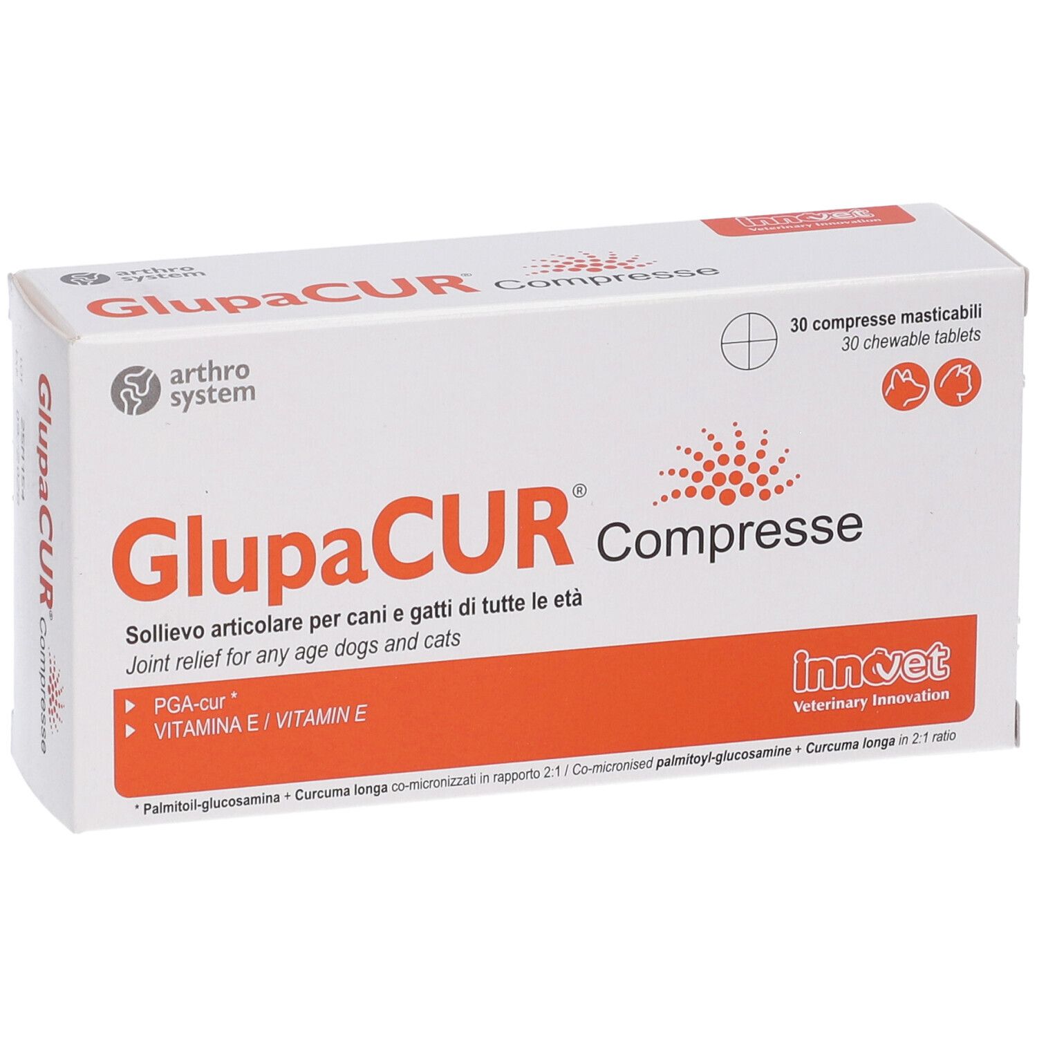 Scatola bianca GlupaCUR Compresse. Dettagli arancioni. Testo: Sollievo articolare per cani e gatti. 30 compresse.