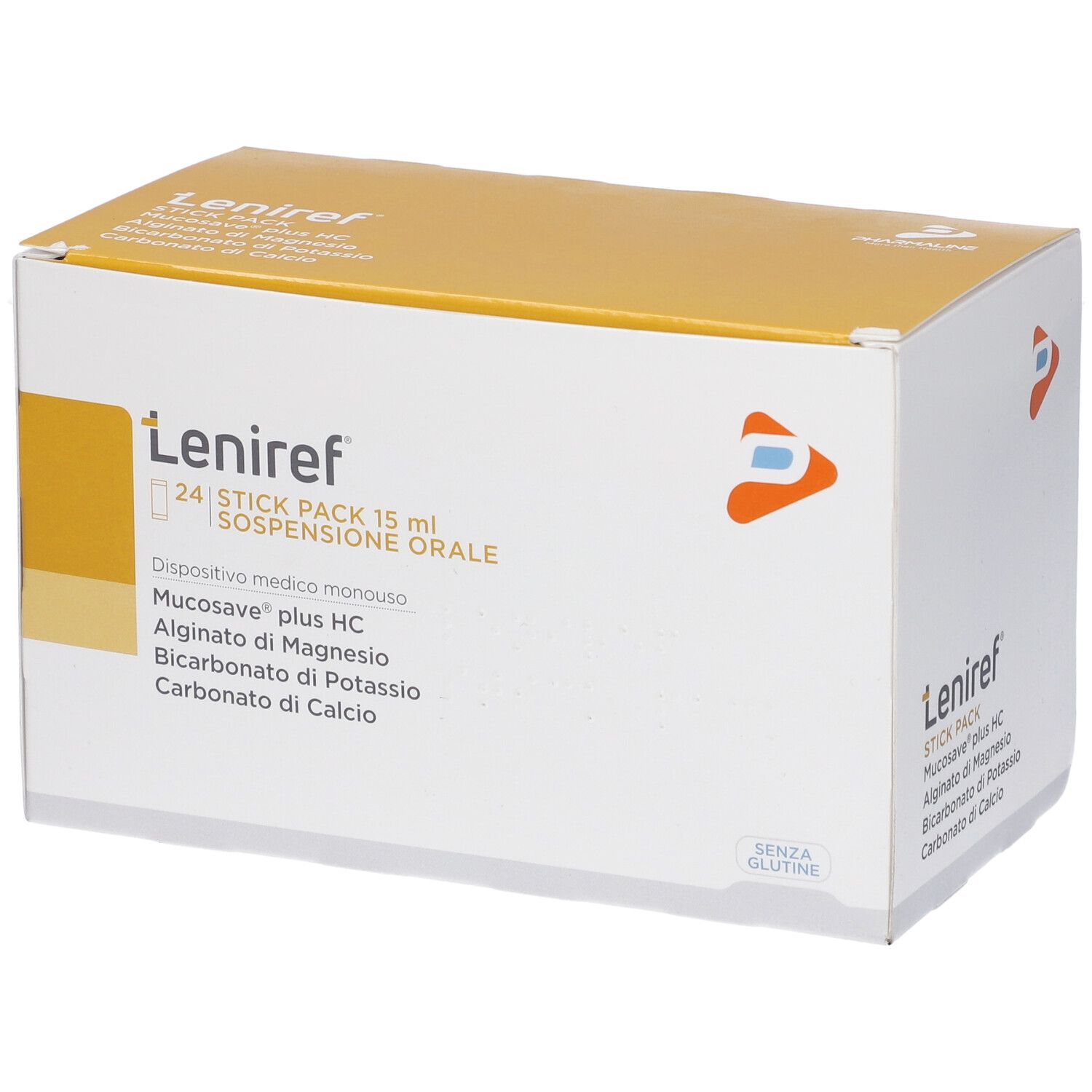 Scatola bianca con coperchio giallo. Scritto: Leniref, 24 Stick Packs, sospensione orale. Ingredienti elencati.