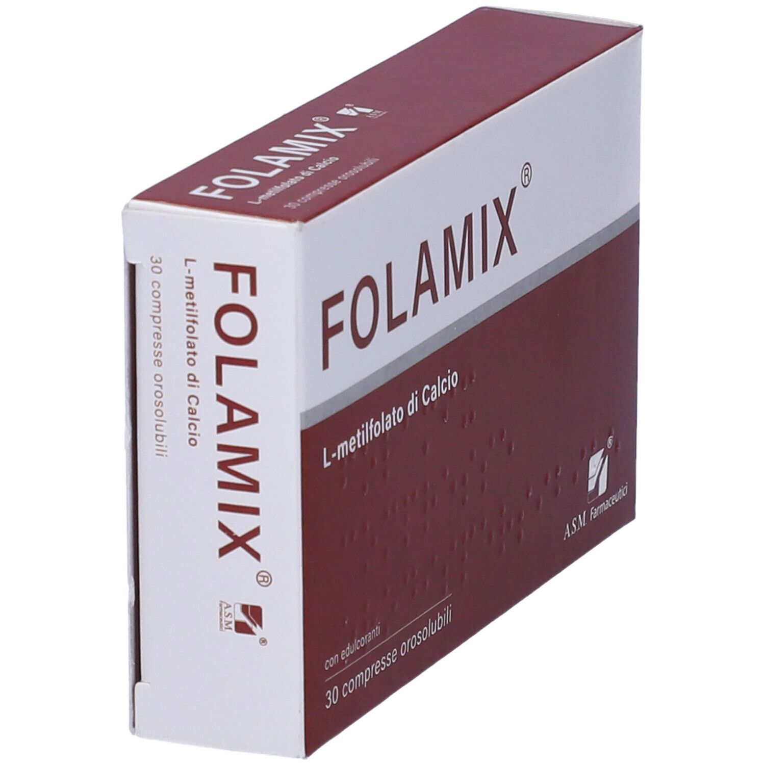 Scatola di compresse "Folamix" angolata. Confezione rossa e bianca. Con "L-metilfolato di Calcio" e 30 compresse.
