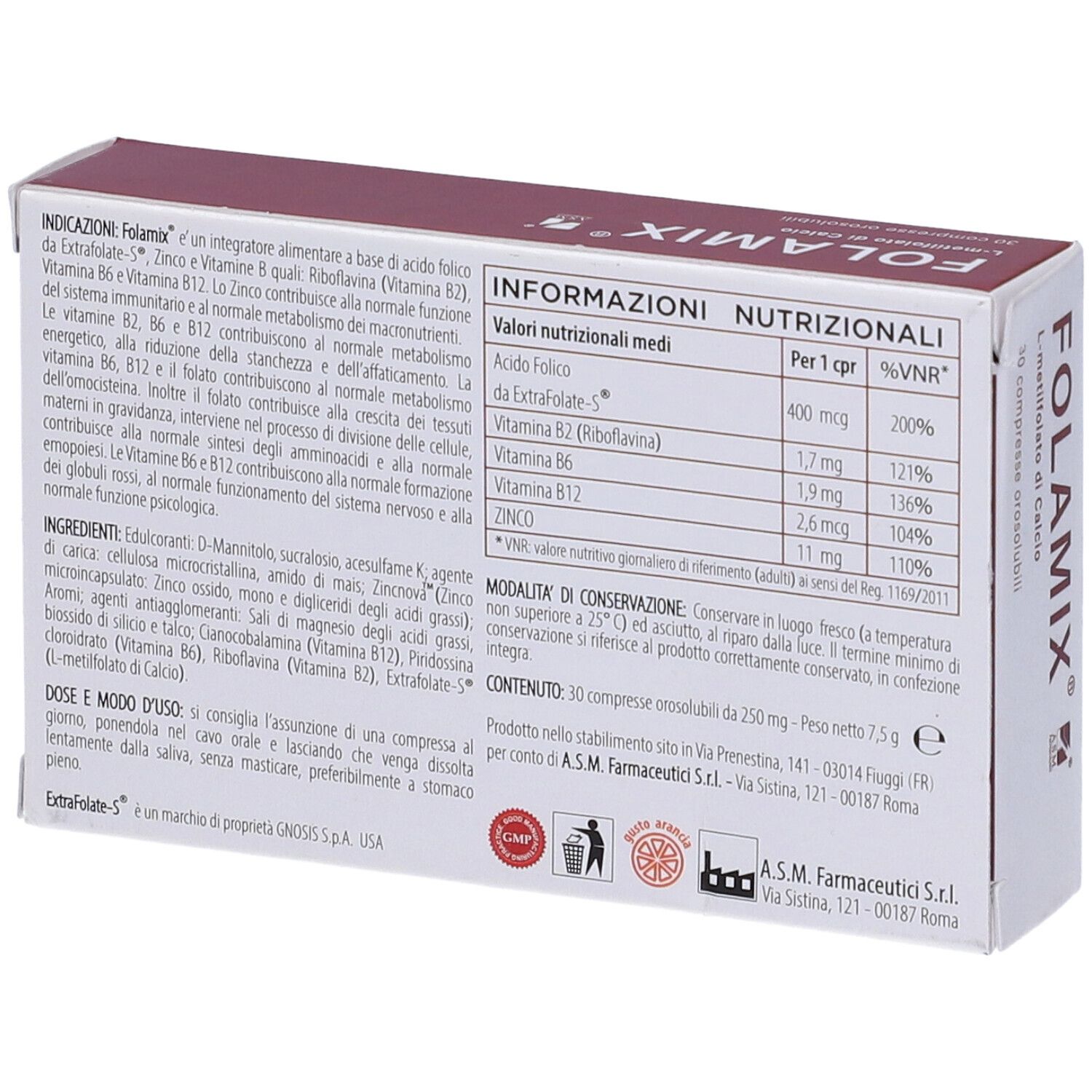 Retro della scatola "Folamix". Contiene informazioni sugli ingredienti e i valori nutrizionali. Testo in italiano.
