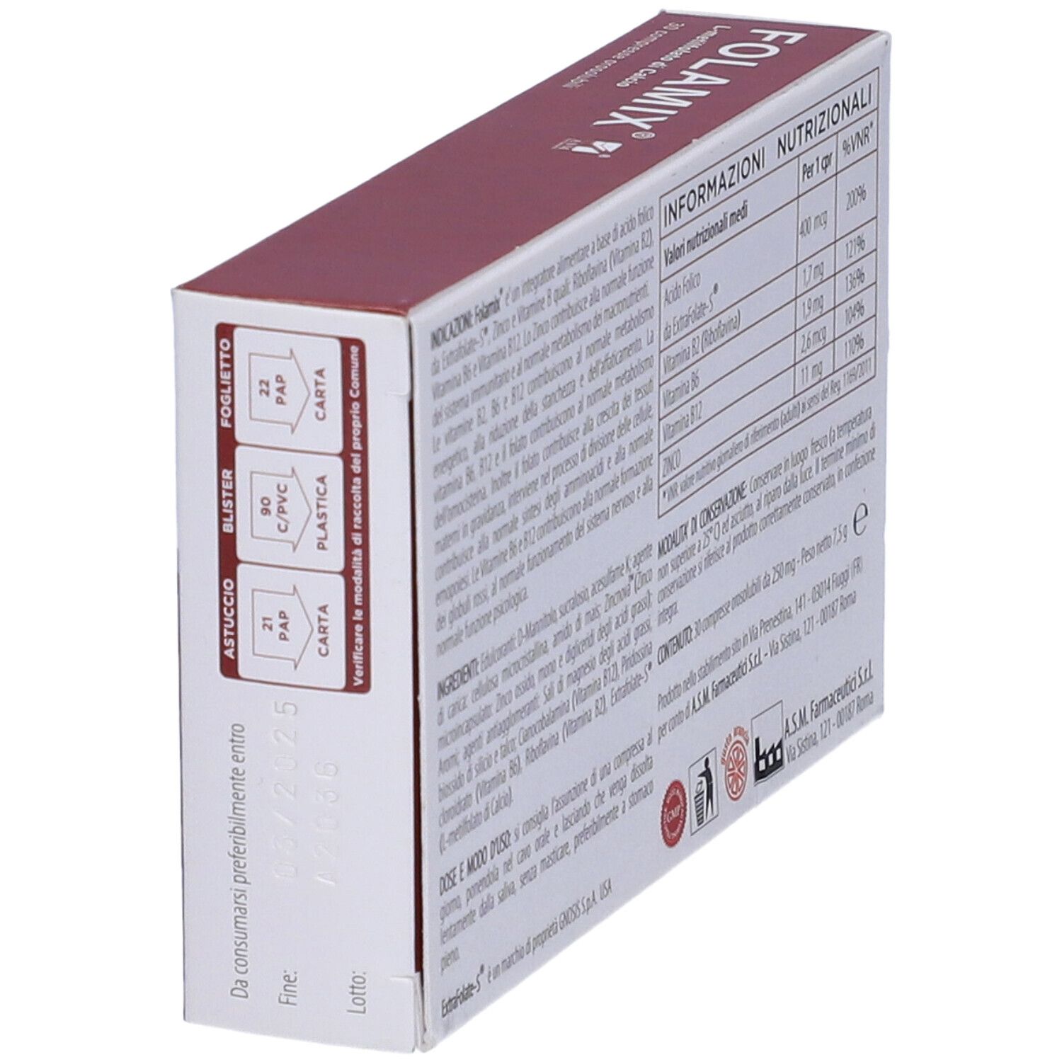 Retro angolato della scatola "Folamix". Informazioni su ingredienti e valori nutrizionali. Testo in italiano.