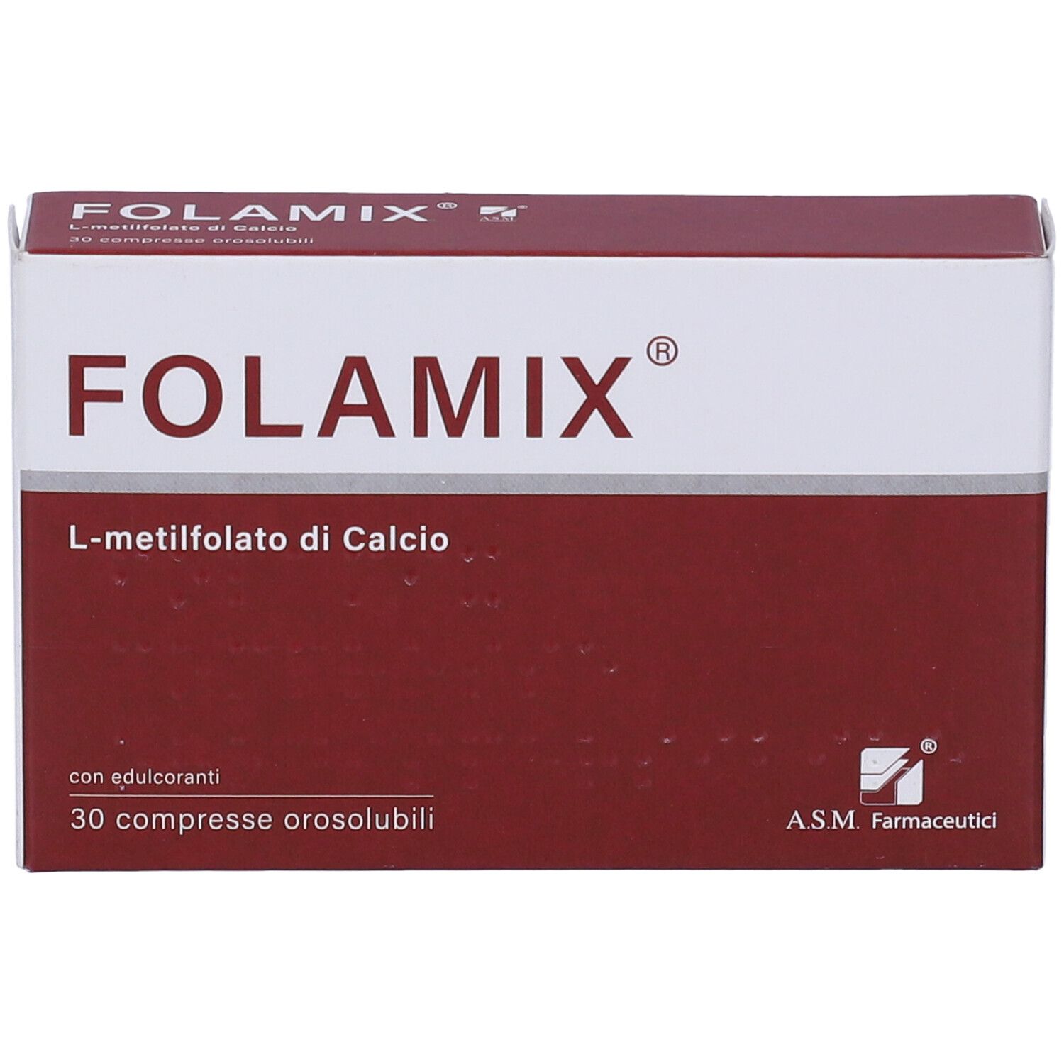 Scatola di compresse "Folamix". Confezione rossa e bianca. Con "L-metilfolato di Calcio" e 30 compresse.