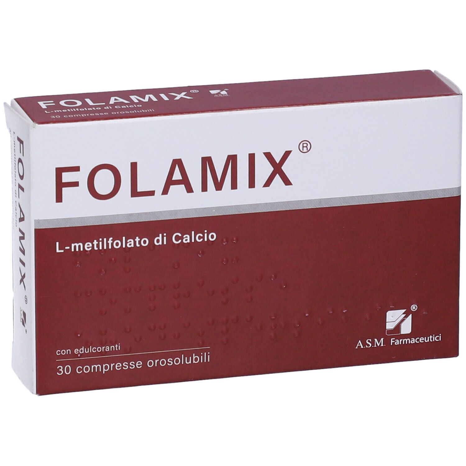 Scatola di compresse "Folamix". Confezione rossa e bianca. Con "L-metilfolato di Calcio" e 30 compresse.
