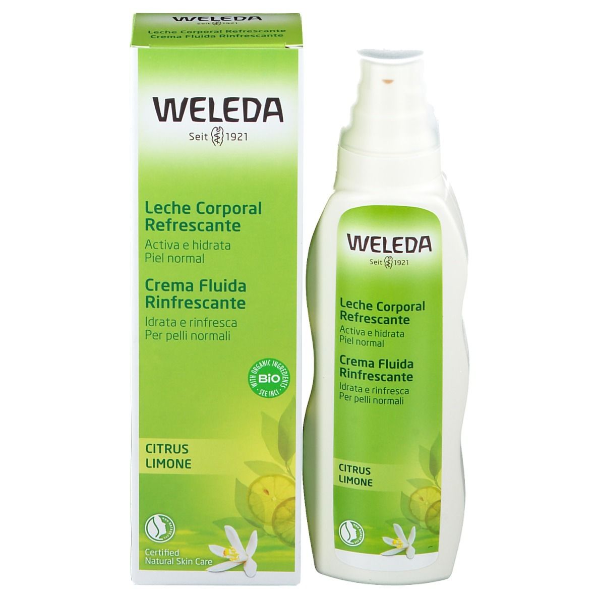 Weleda Citrus Lozione idratante rinfrescante con confezione. Flacone e scatola. Design verde. Nome del prodotto e logo visibili.