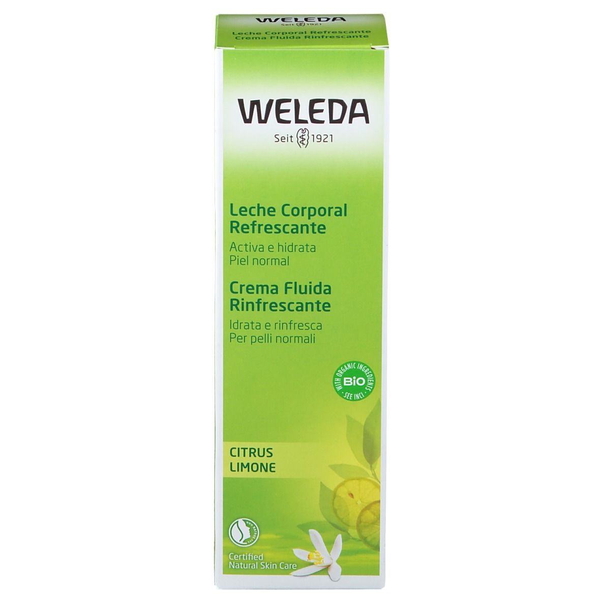 Confezione Weleda Citrus Lozione idratante rinfrescante. Scatola verde. Nome del prodotto e logo visibili. Certificazione bio.