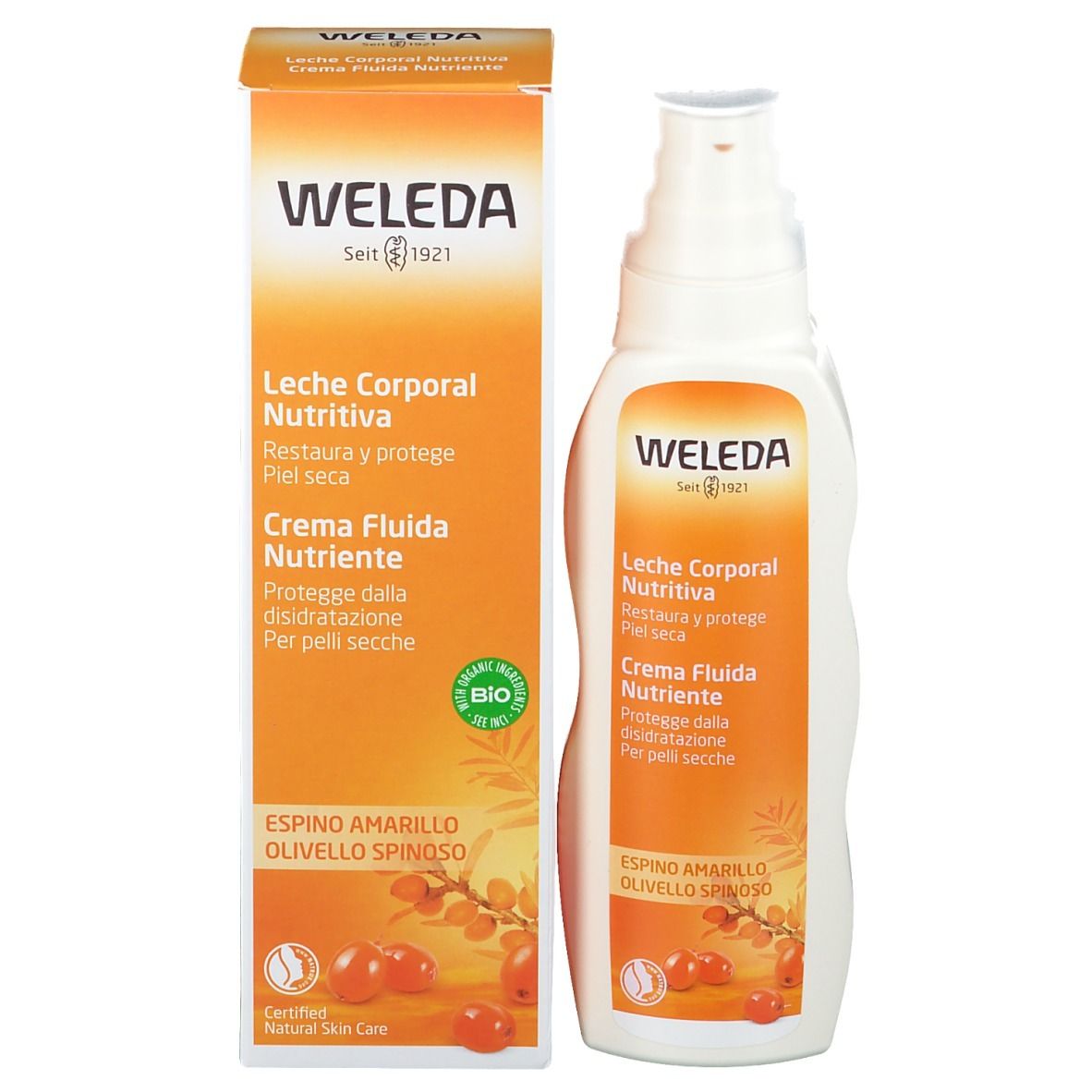 Flacone e confezione Weleda. Etichetta arancione con nome del prodotto e ingredienti. Sigillo bio.