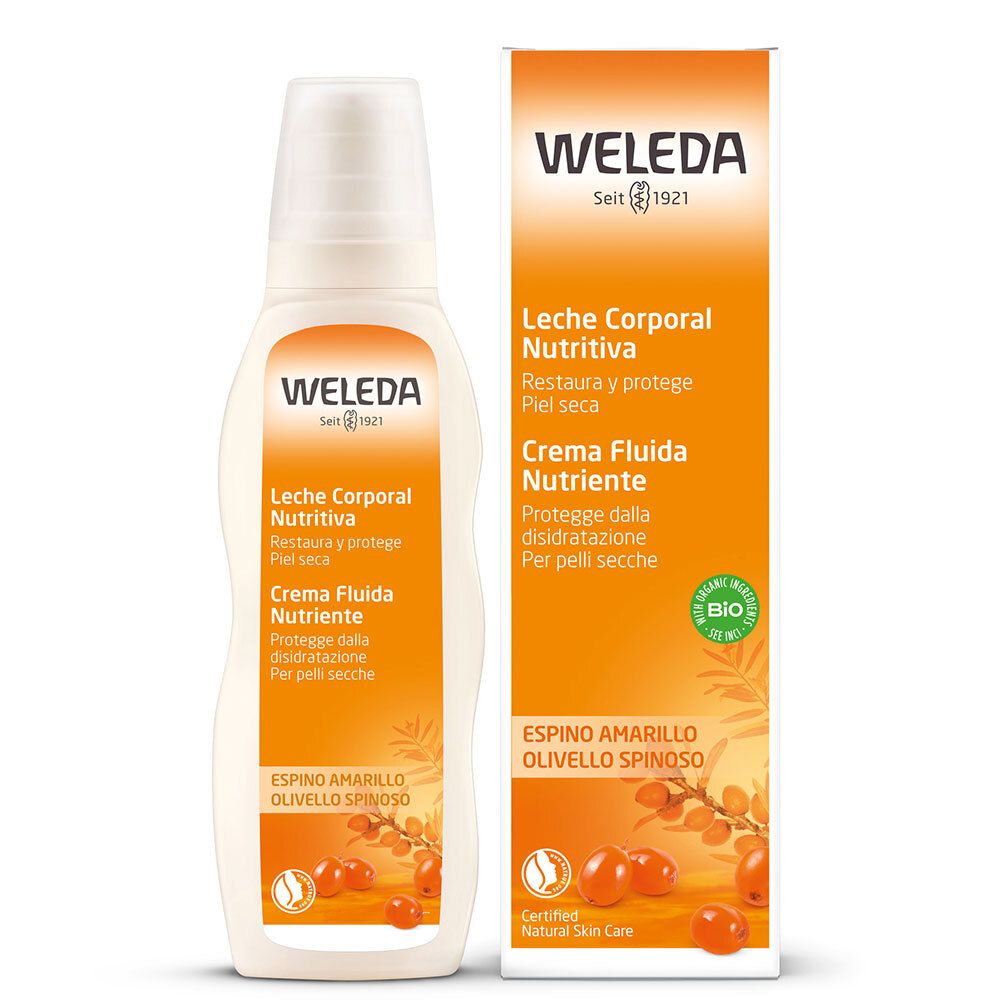 Flacone e confezione Weleda. Etichetta arancione con nome del prodotto e ingredienti. Sigillo bio.