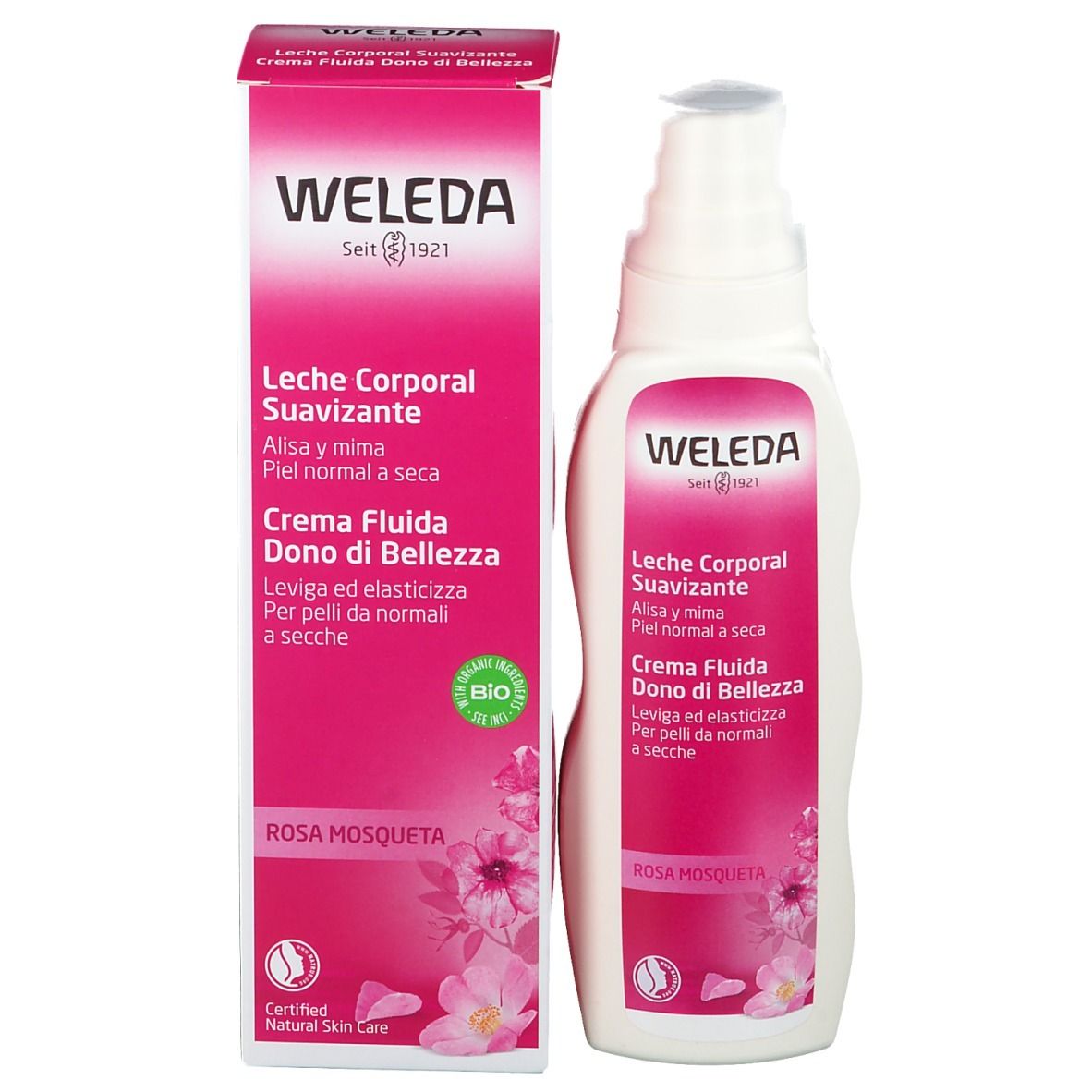 Flacone e confezione affiancati. Confezione rosa con informazioni sul prodotto. Sigillo bio.