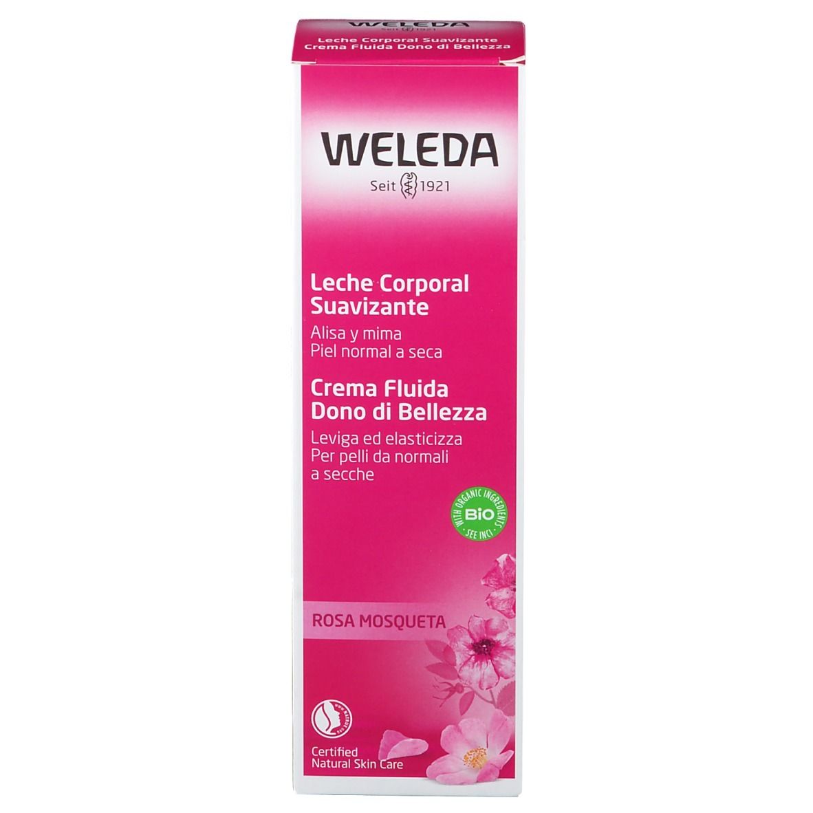 Confezione rosa con informazioni sul prodotto. Sigillo bio. Marchio Weleda. Testo in spagnolo e italiano.