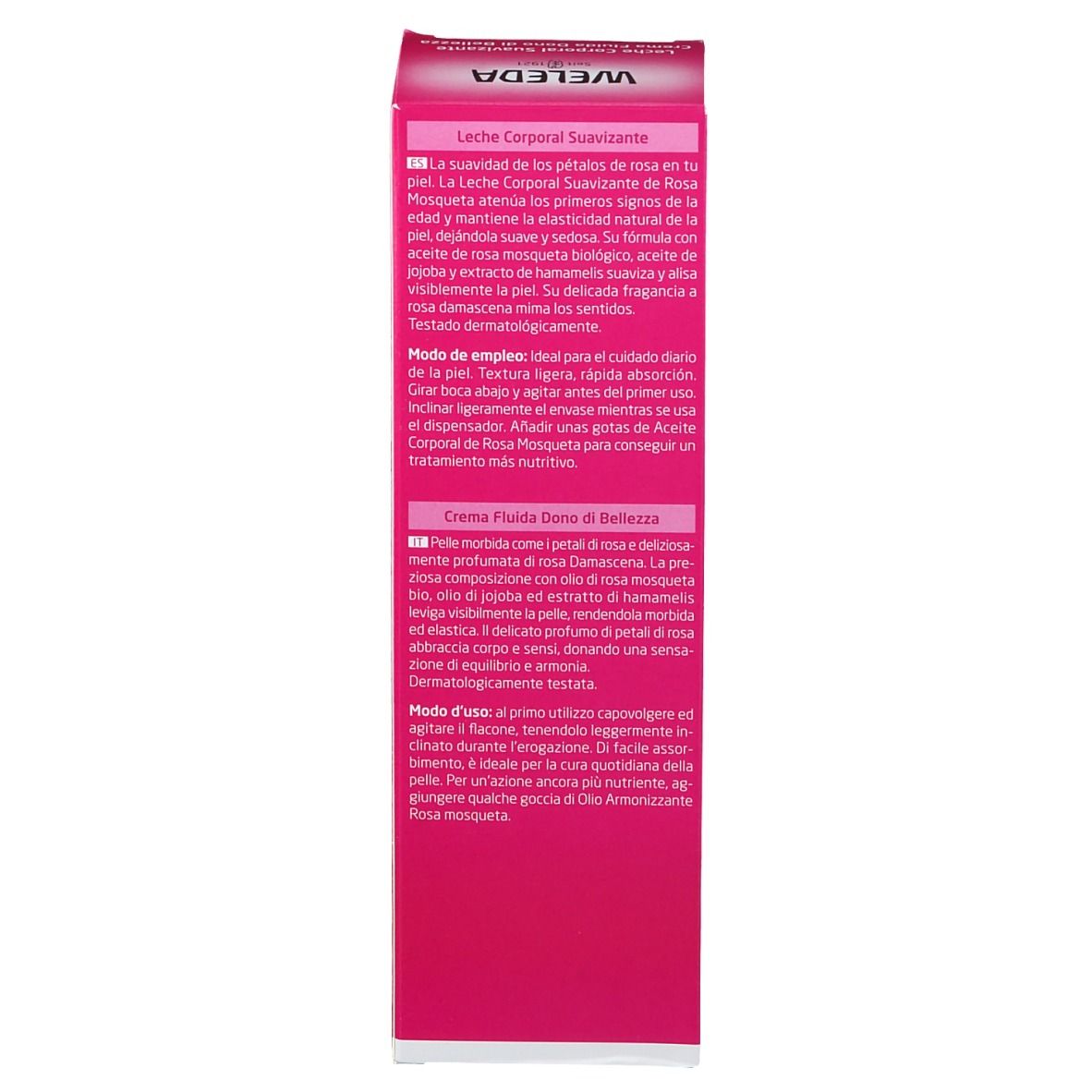 Confezione rosa. Testo in spagnolo e italiano. Istruzioni per l'uso, descrizione del prodotto.