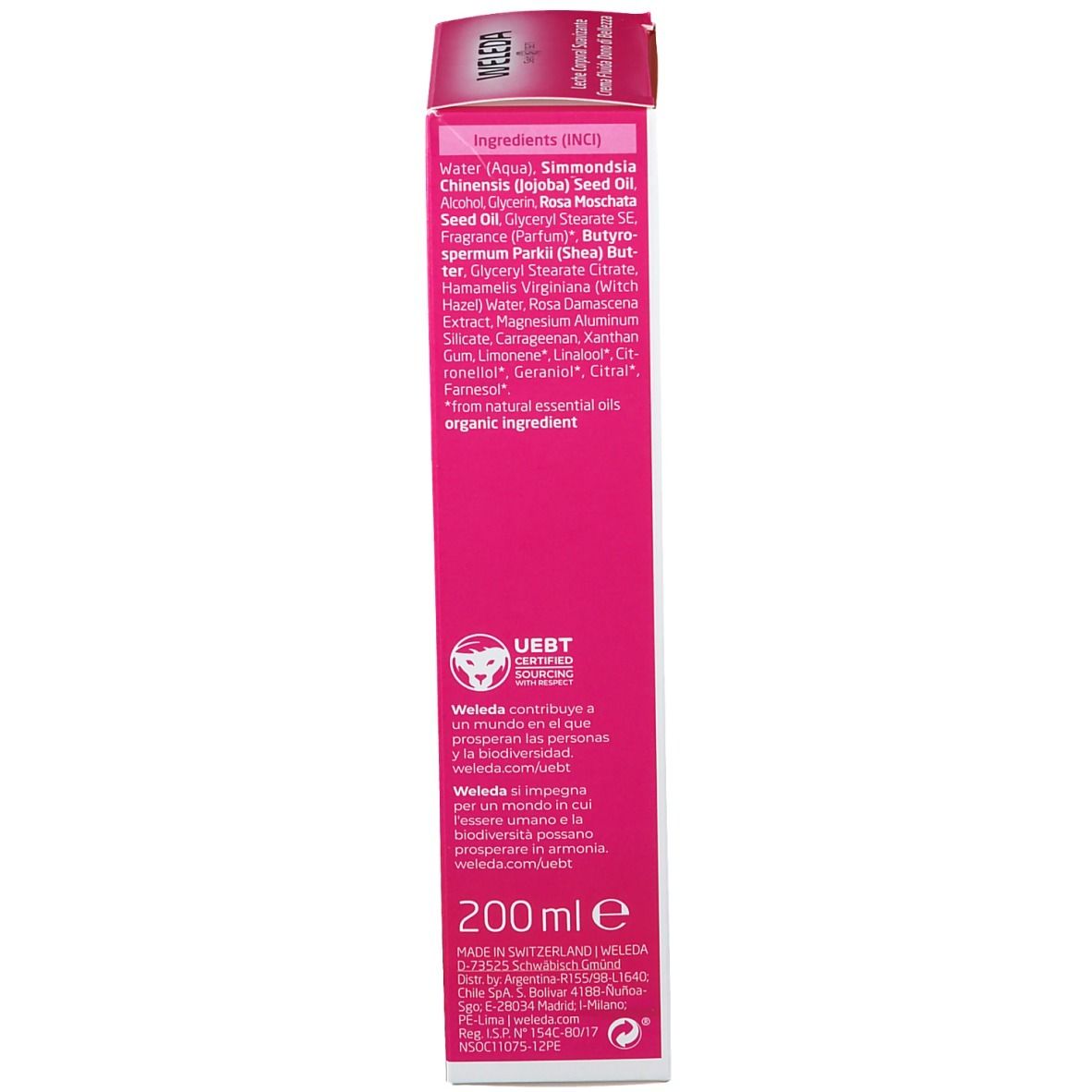 Confezione rosa. Ingredienti in inglese. Sigillo UEBT. 200 ml. Prodotto in Svizzera.