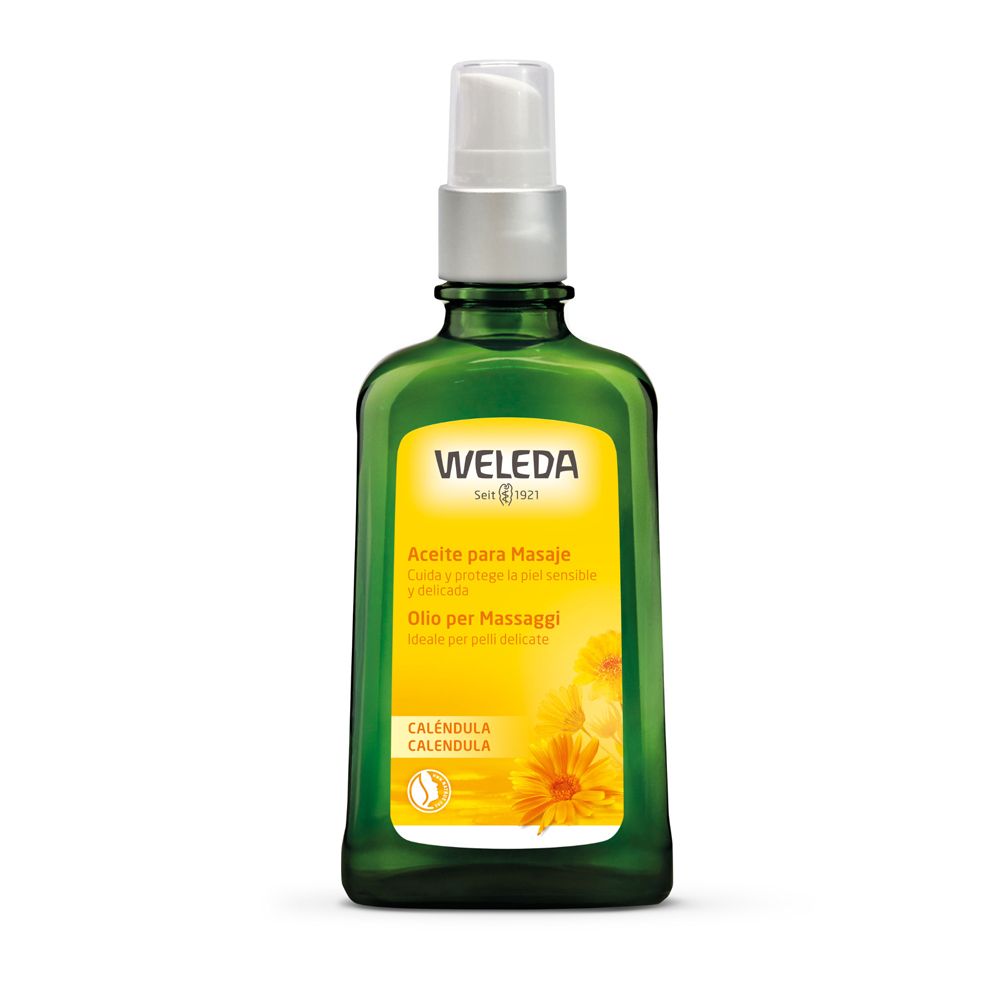 Flacone di vetro verde con erogatore a spruzzo. Etichetta gialla con testo e fiori. Marca: Weleda.