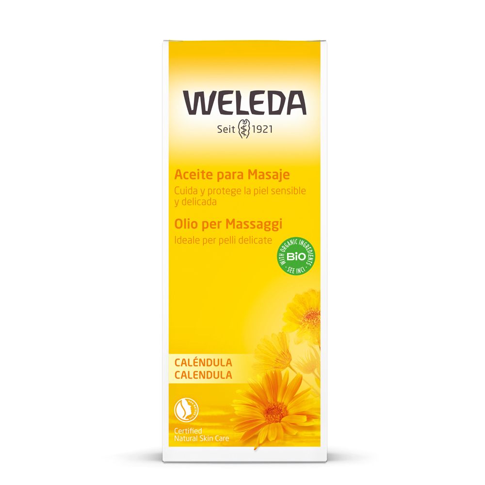 Confezione alta gialla con testo e fiori. Marca: Weleda. Sigillo bio e certificazione.