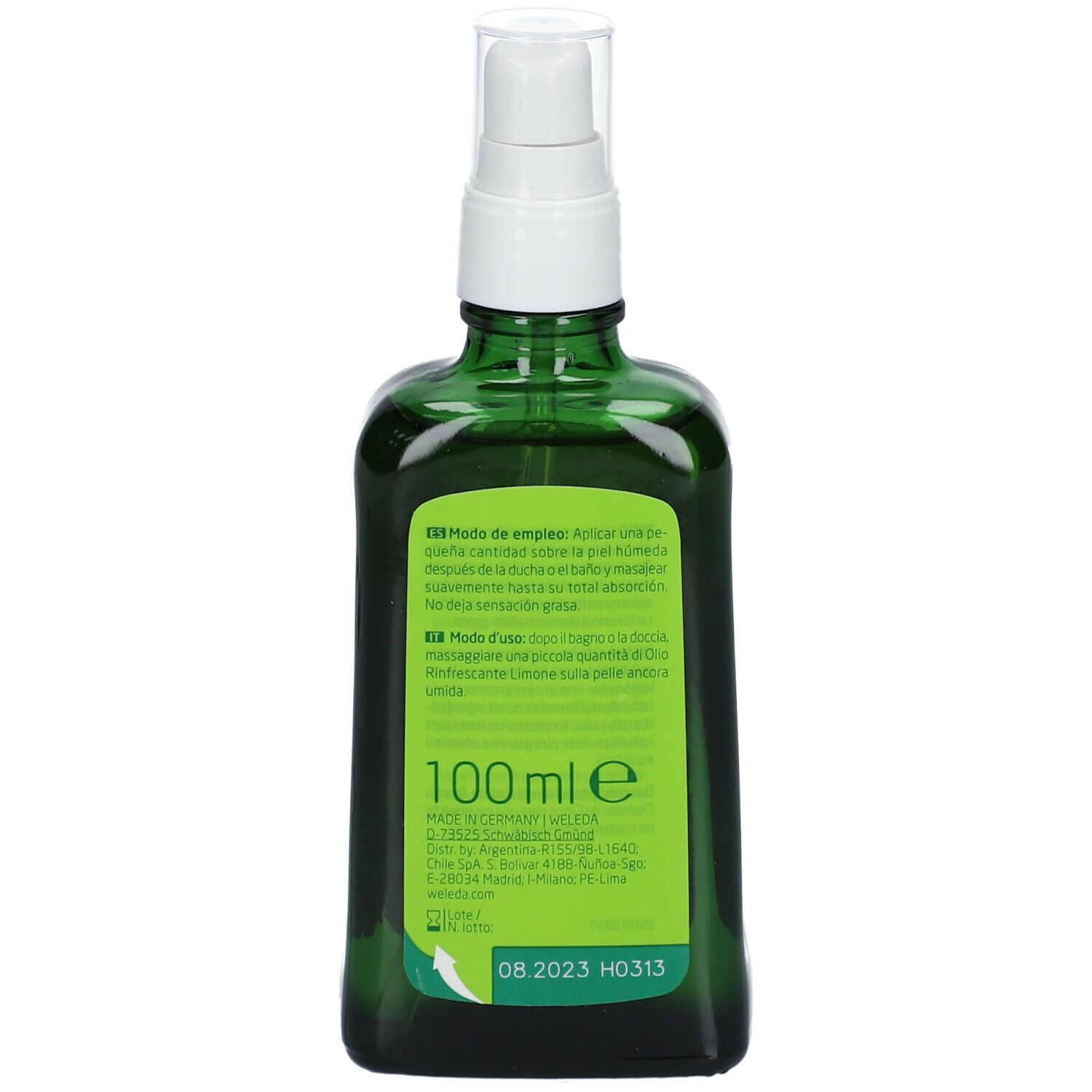 Retro del flacone di vetro verde. Contiene informazioni sul prodotto e ingredienti. 100 ml.