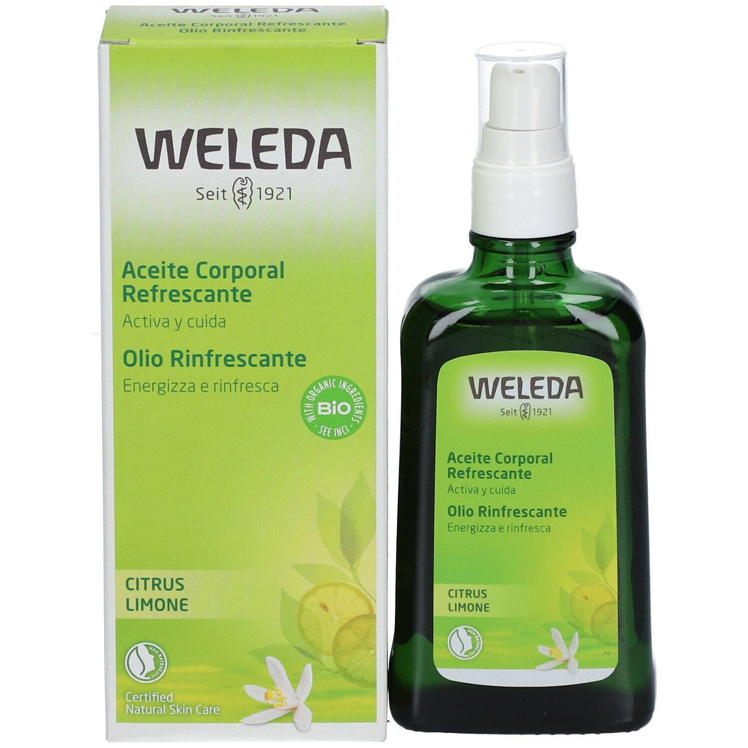 Flacone e confezione del prodotto. WELEDA, nome del prodotto e Citrus Limone. Sigillo bio e certificazione.