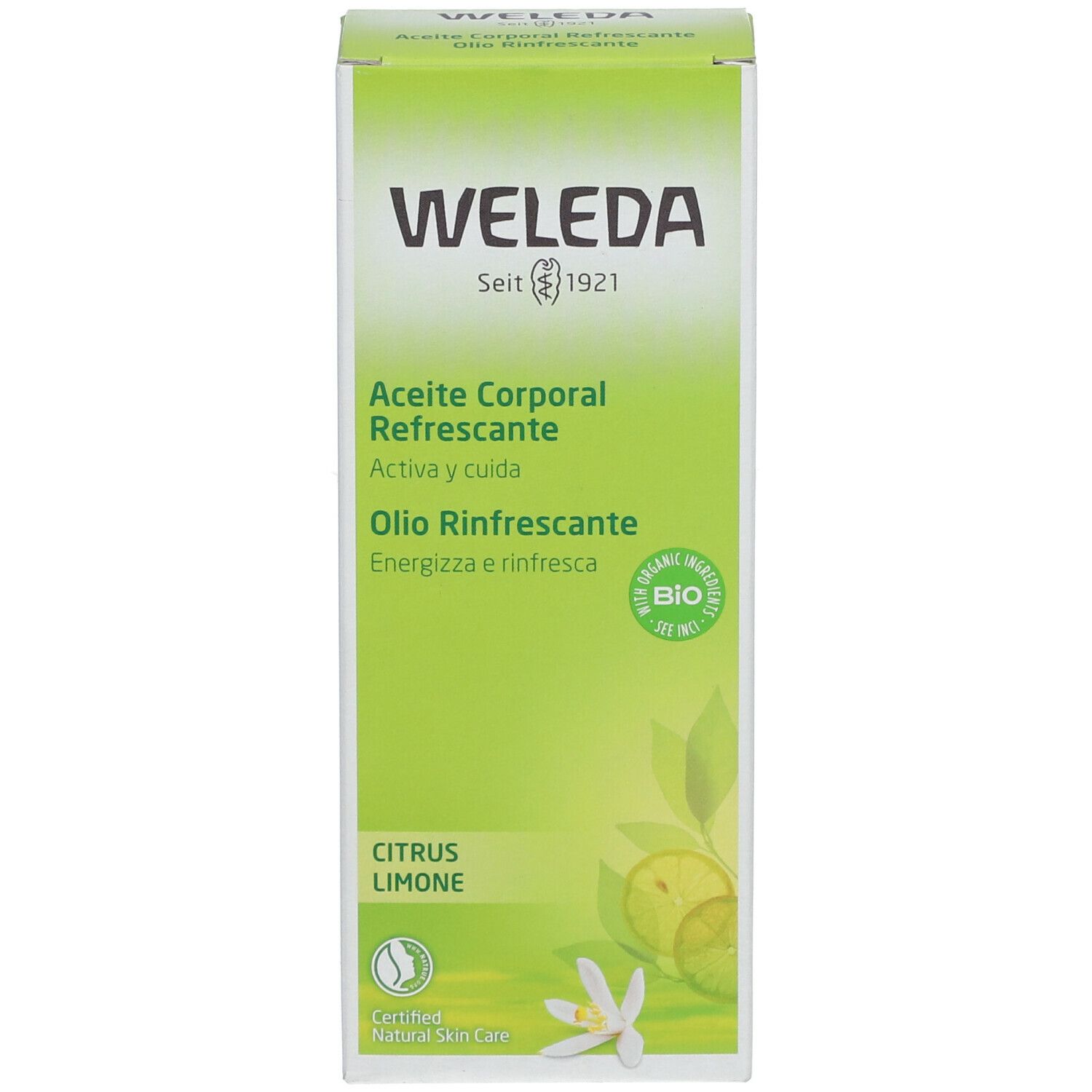 Confezione con nome del prodotto, WELEDA, sigillo bio e certificazione. Citrus Limone.