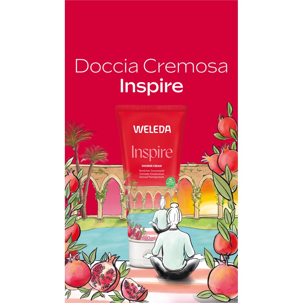 Sfondo rosso con tubo e melograni. Scritta: Doccia Cremosa Inspire. Logo WELEDA. Illustrazione di una persona in meditazione.