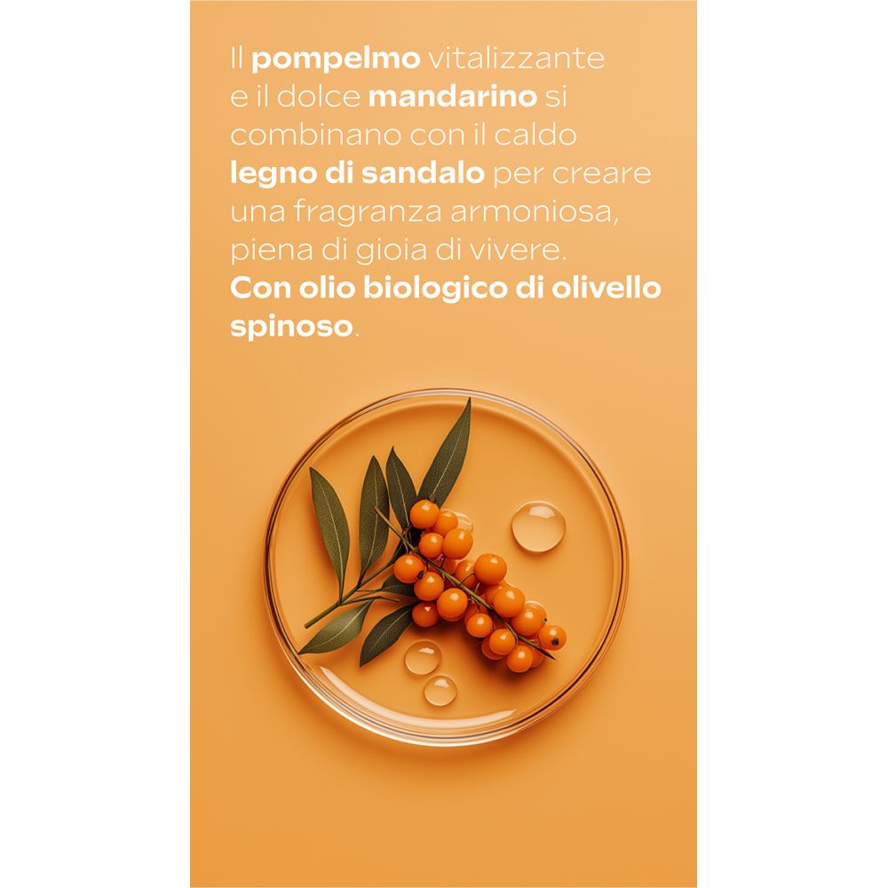 Primo piano: piatto di vetro con bacche di olivello spinoso, foglie e gocce d'olio. Testo: ingredienti, note di profumo.