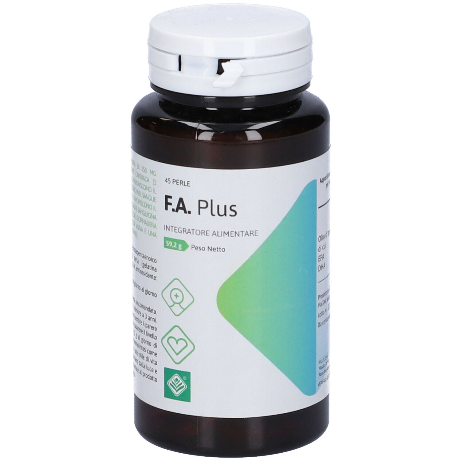 Flacone marrone con tappo bianco. Scritta: F.A. Plus, Integratore alimentare. Etichette verdi e bianche con informazioni sul prodotto.