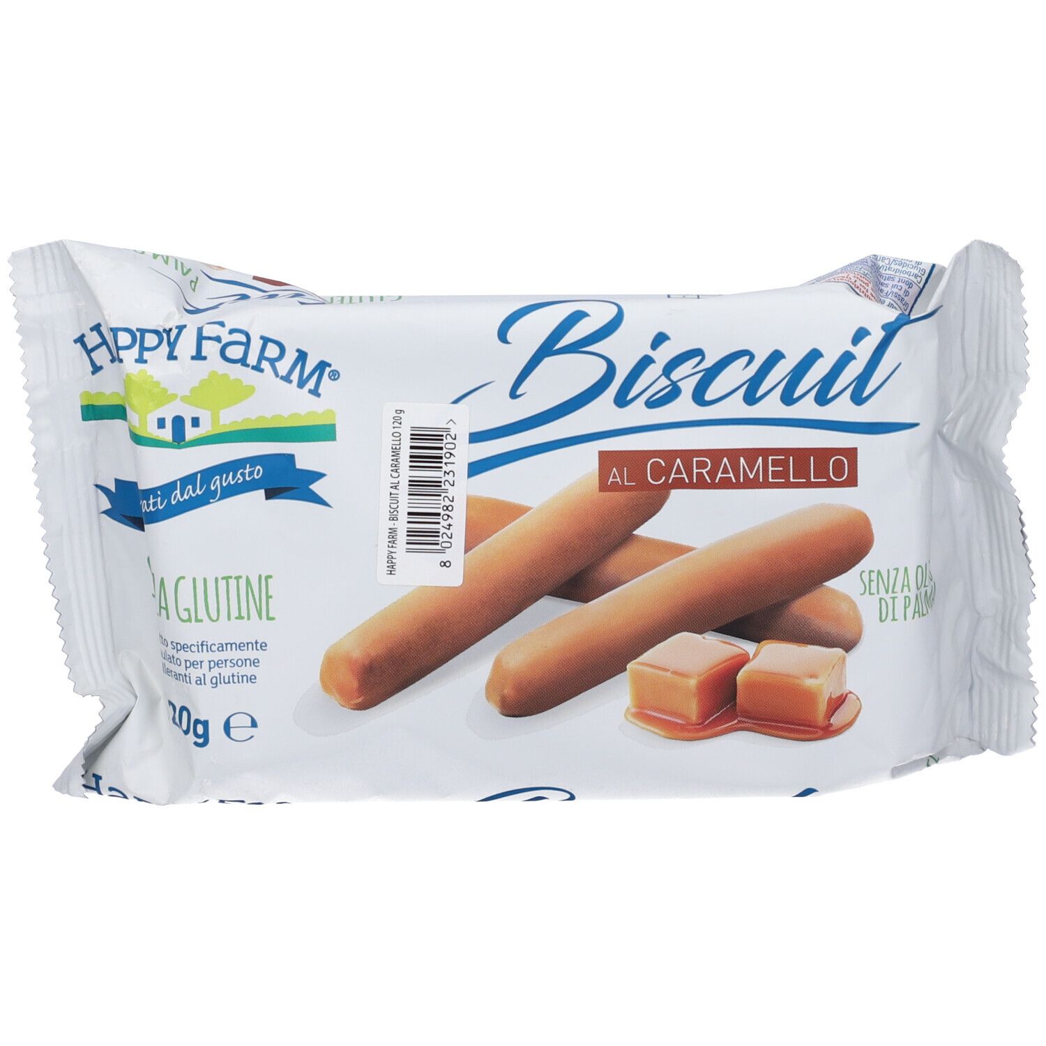 Confezione di biscotti al caramello. Scritte: Happy Farm, Biscuit al Caramello, senza glutine, senza olio di palma.