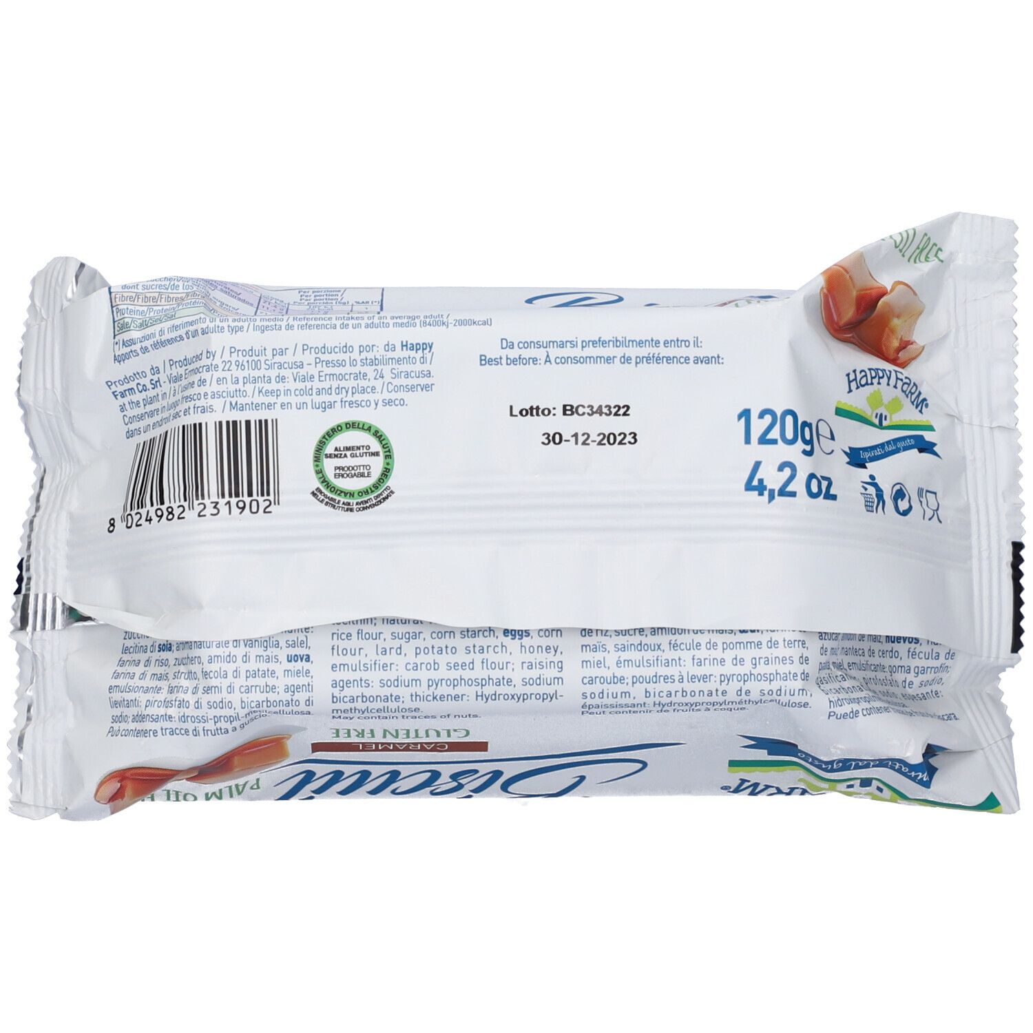 Retro della confezione di biscotti. Scritte: Happy Farm, Biscuit, 120g, 4,2 oz, senza olio di palma, senza glutine.