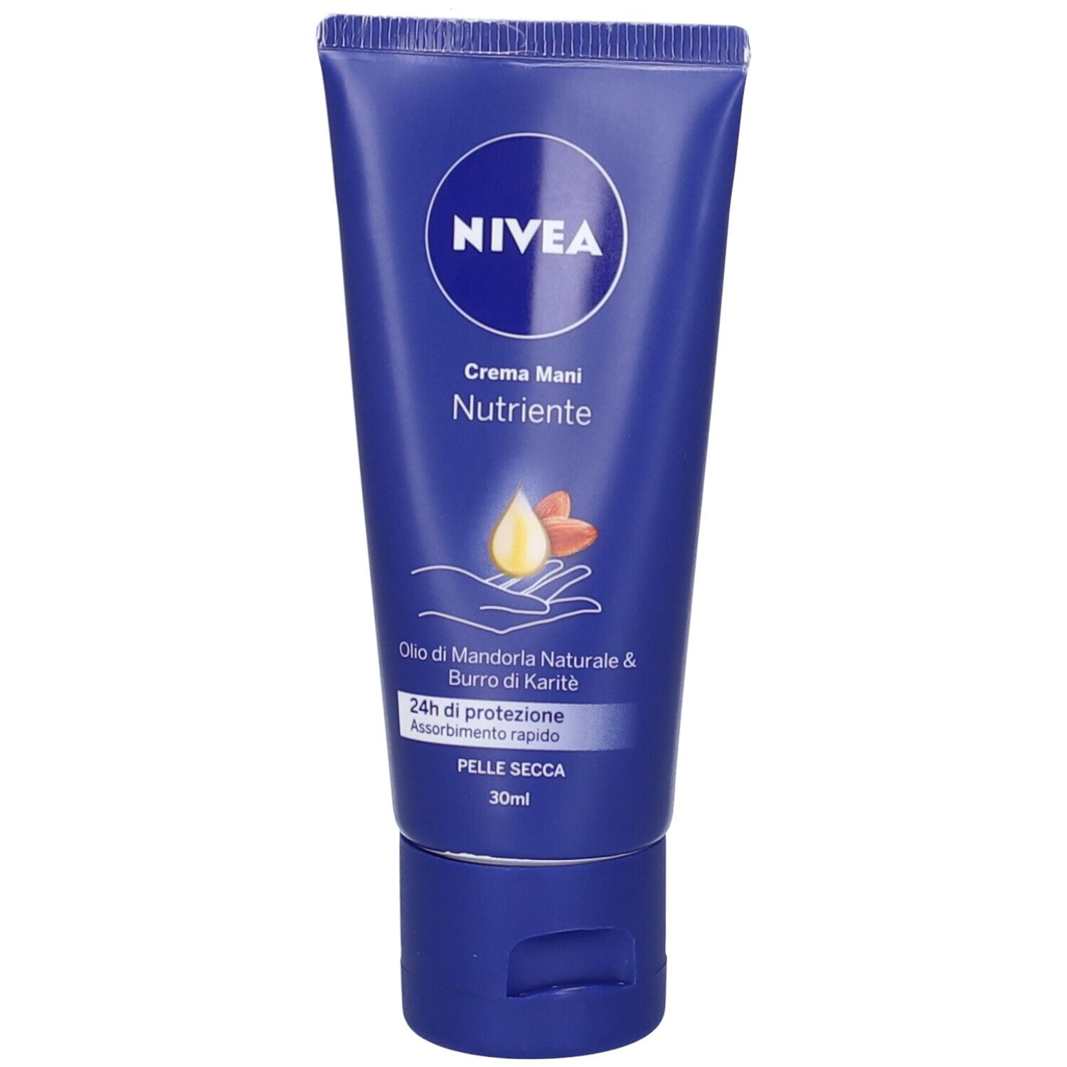 Tubo blu Nivea Crema Mani Nutriente. Contiene testo, simbolo goccia e mandorla. 30ml.