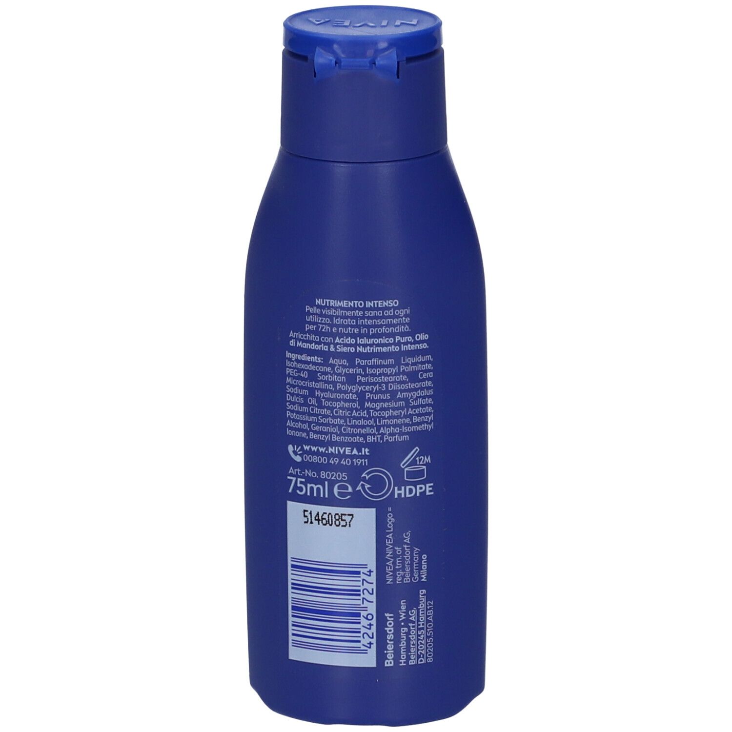 Retro di un flacone blu. Testo: ingredienti, 75ml, simbolo HDPE, codice a barre, logo NIVEA.