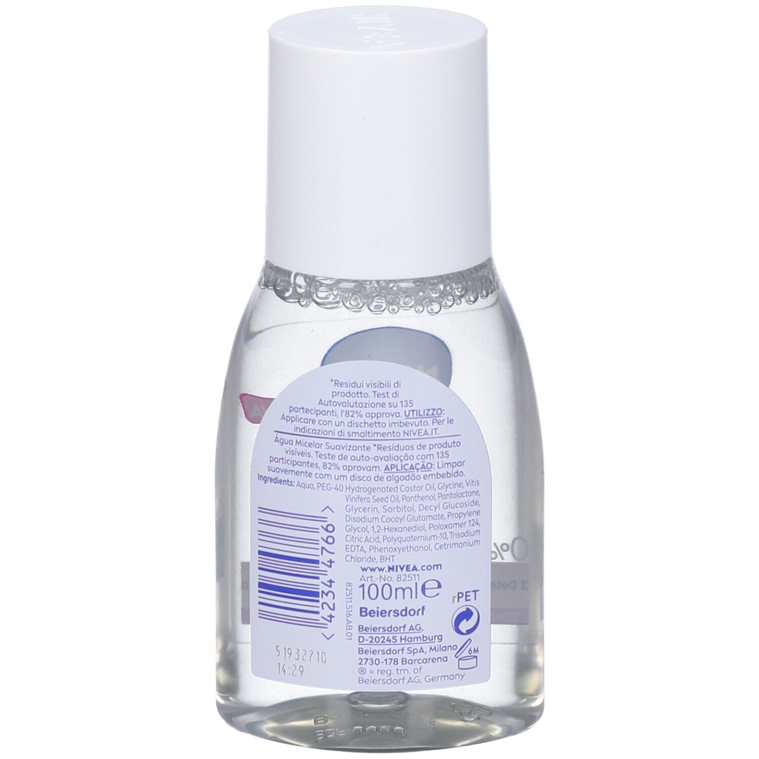 Vista posteriore di un flacone trasparente con tappo bianco. Etichetta con informazioni sul prodotto e codice a barre.