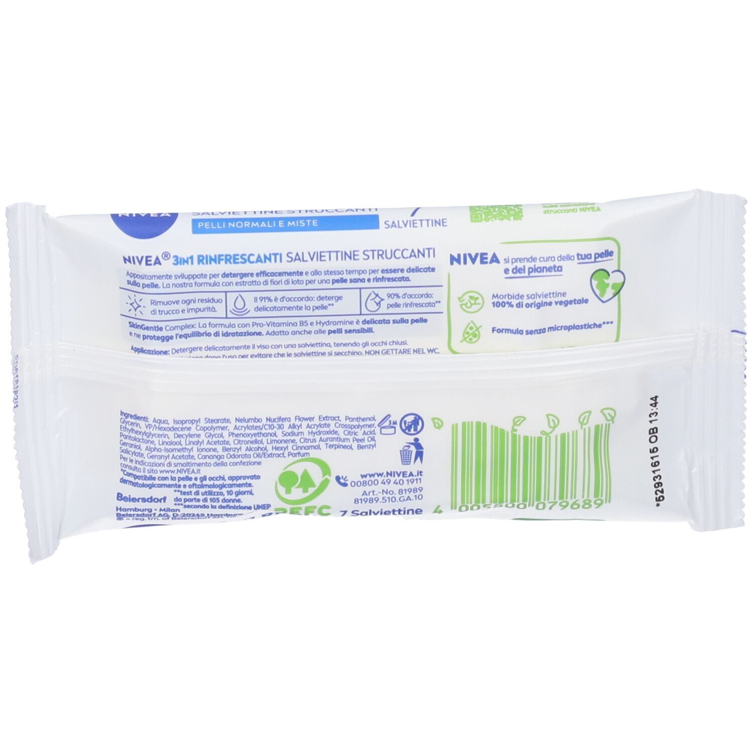 Retro della confezione bianca. Contiene testo e codice a barre. Testo: Nivea, 3in1, rinfrescante, pelli normali e miste. 7 salviettine.
