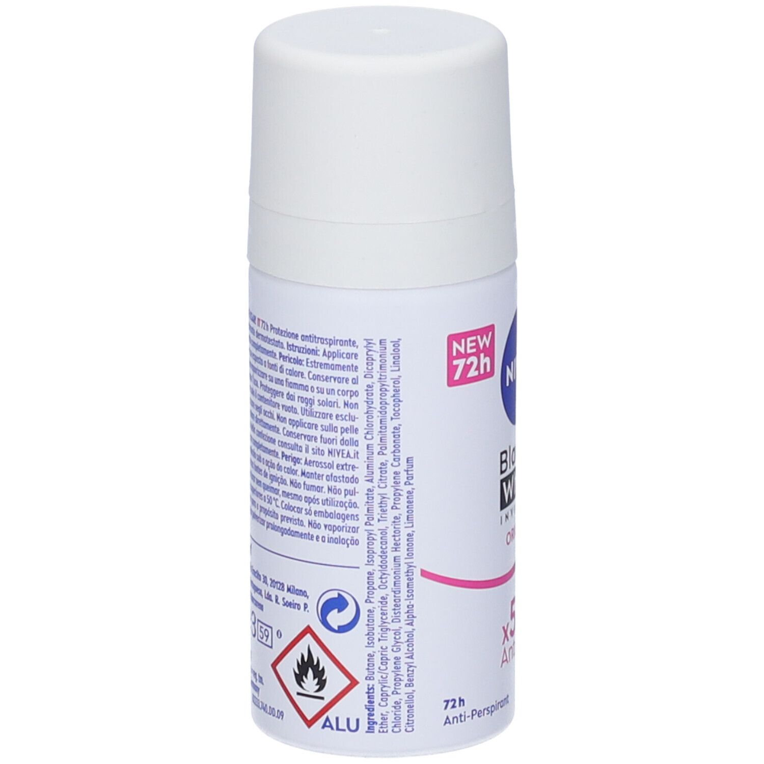 Retro del roll-on deodorante bianco. Testo multilingue. Striscia rosa. Avvertenza. Logo alluminio.