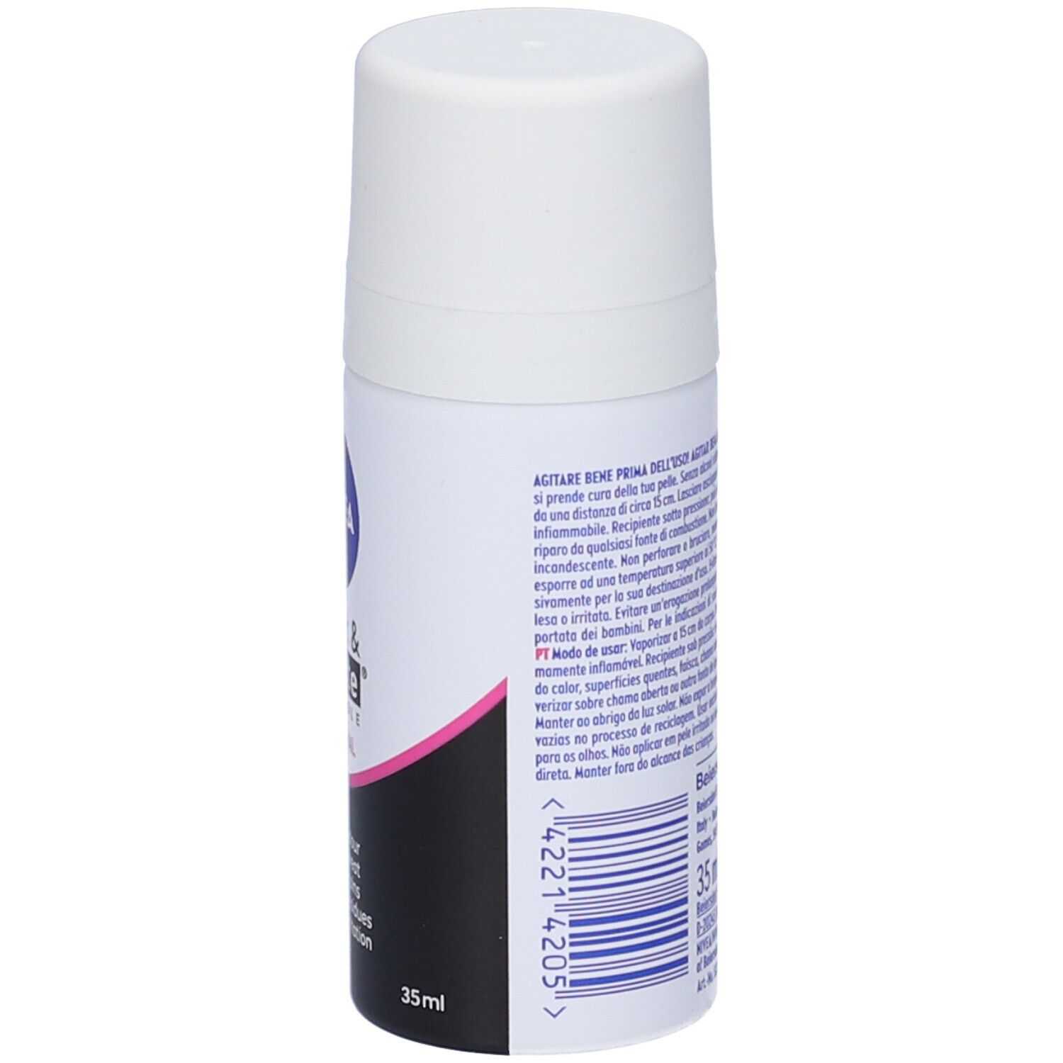 Roll-on deodorante bianco con tappo bianco. Marchio Nivea blu, testo nero Black & White. Striscia nera. 72h Anti-traspirante.