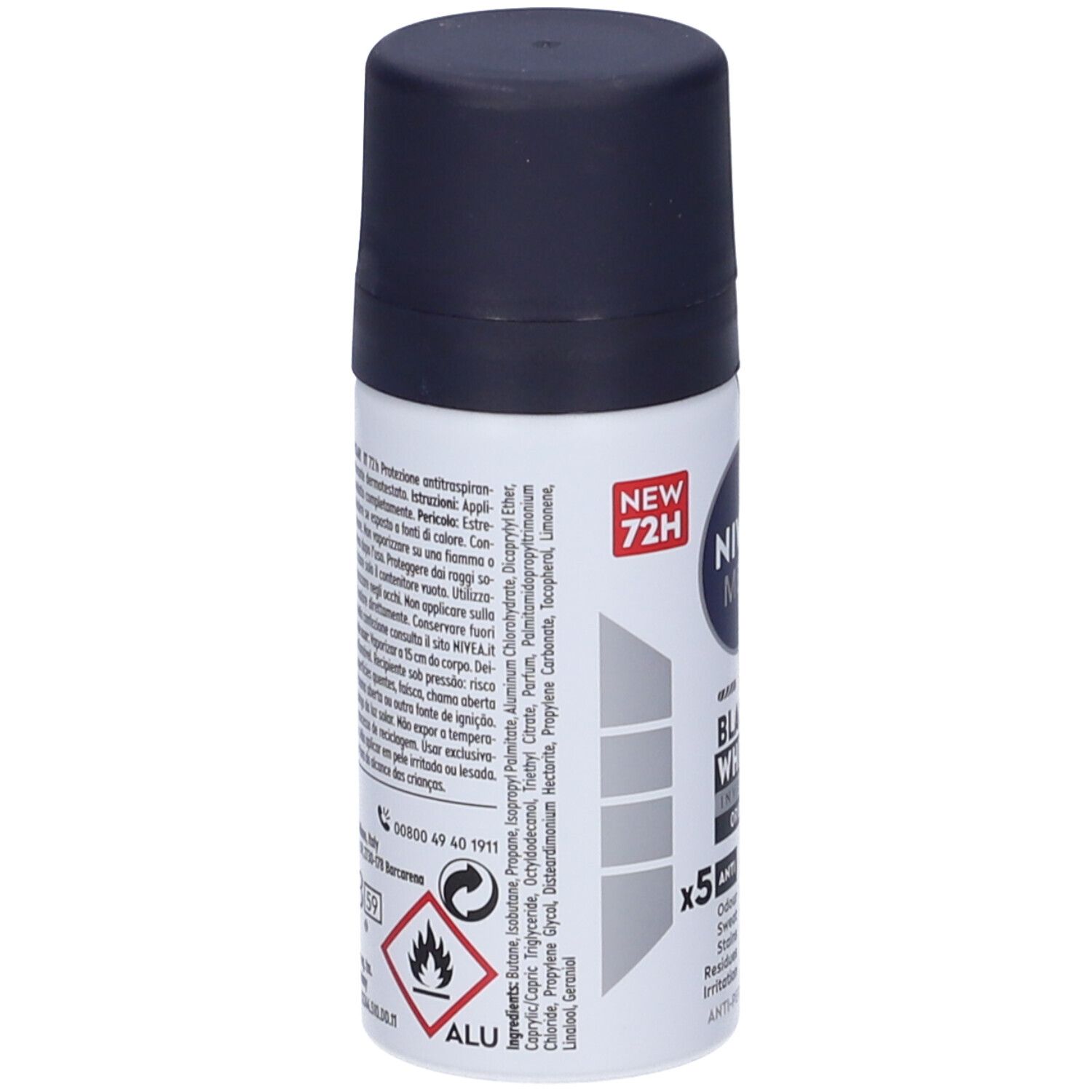 Retro del mini deodorante Nivea Men Black & White. Contiene ingredienti e avvertenze. Simbolo 'ALU'.