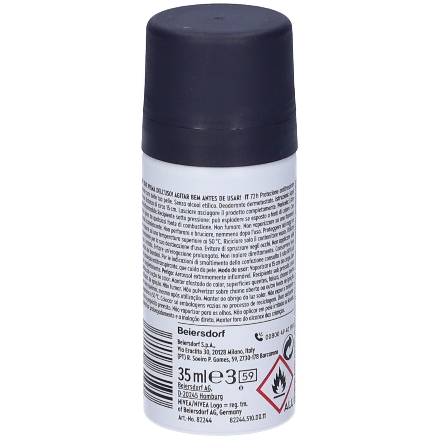 Retro del mini deodorante Nivea Men Black & White. Contiene informazioni produttore e volume.