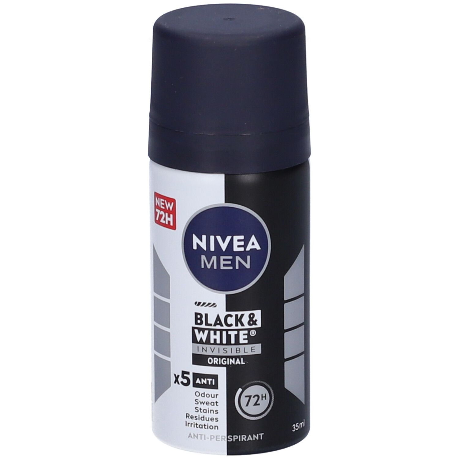 Mini deodorante Nivea Men Black & White. Design bianco e nero. Scritta 'Invisible Original' e '72H'.