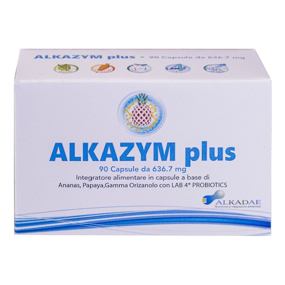 Scatola bianca con scritta blu ALKAZYM plus. Contiene 90 capsule. Logo ananas. Marchio ALKADAE.
