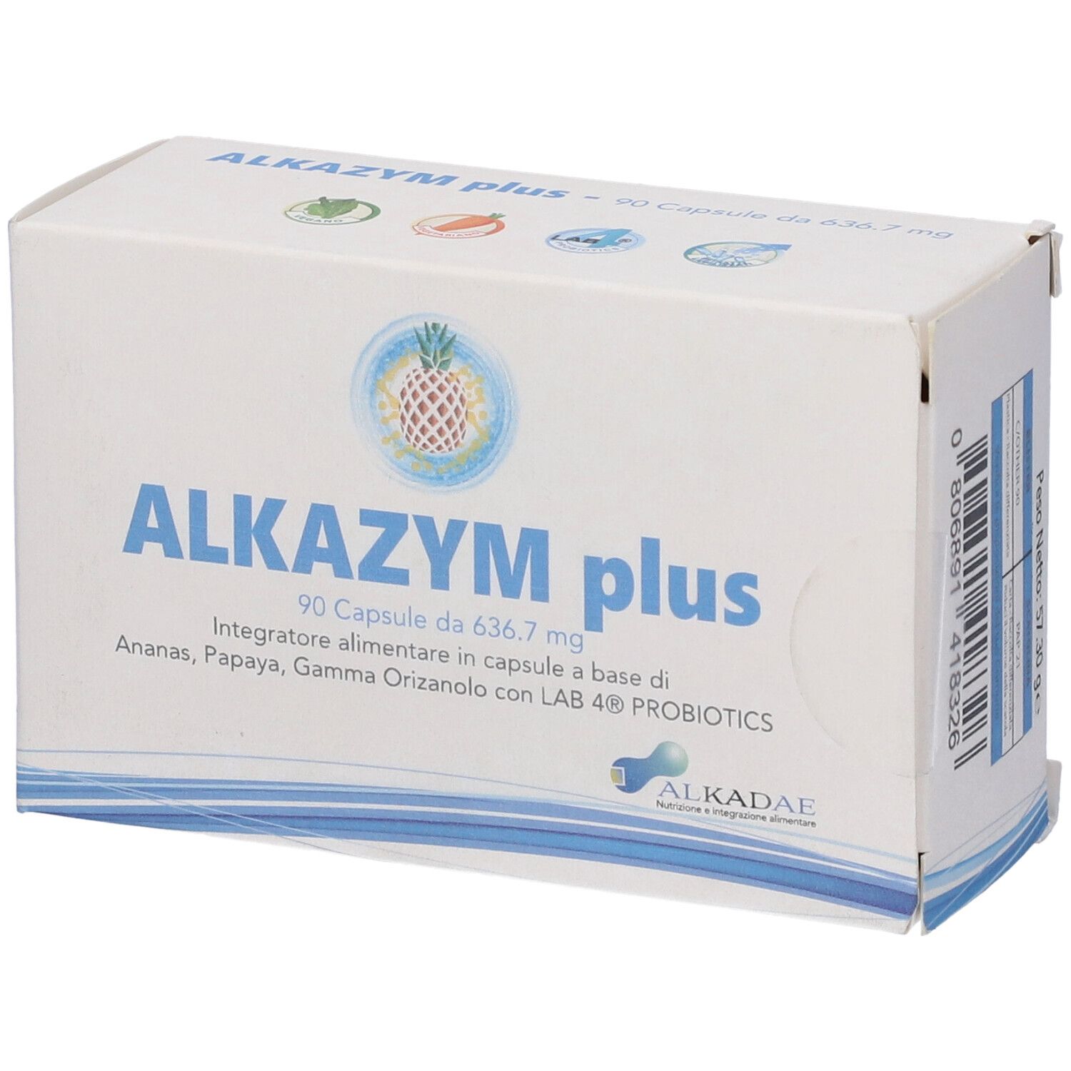 Scatola bianca con scritta blu ALKAZYM plus. Contiene 90 capsule. Logo ananas. Marchio ALKADAE.