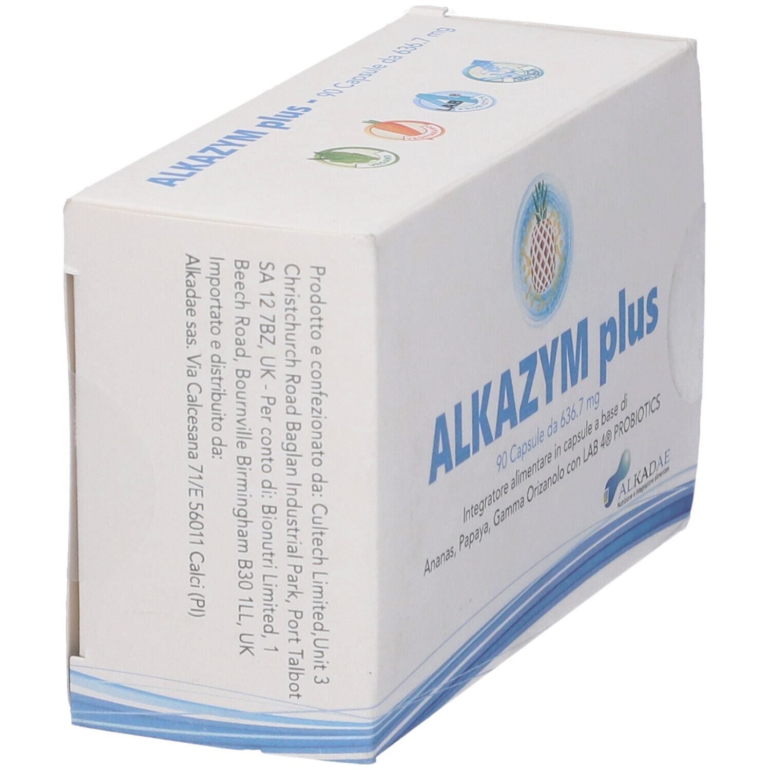 Scatola con scritta blu ALKAZYM plus. Contiene 90 capsule. Logo ananas. Marchio ALKADAE. Ingredienti stampati.