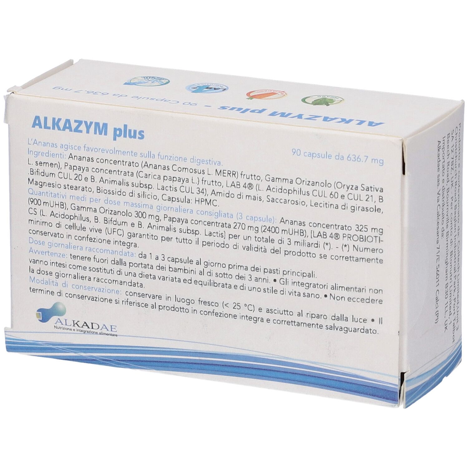 Scatola con scritta blu ALKAZYM plus. Contiene 90 capsule. Logo ananas. Marchio ALKADAE. Ingredienti stampati.