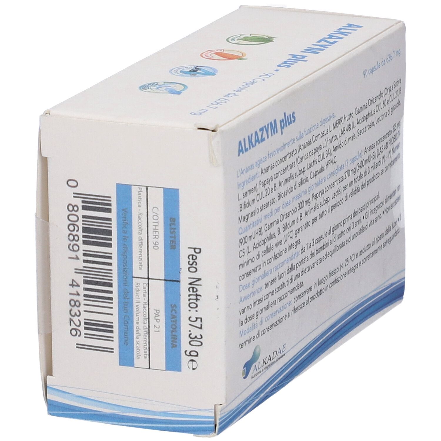 Scatola con scritta blu ALKAZYM plus. Contiene 90 capsule. Logo ananas. Marchio ALKADAE. Codice a barre e ingredienti.