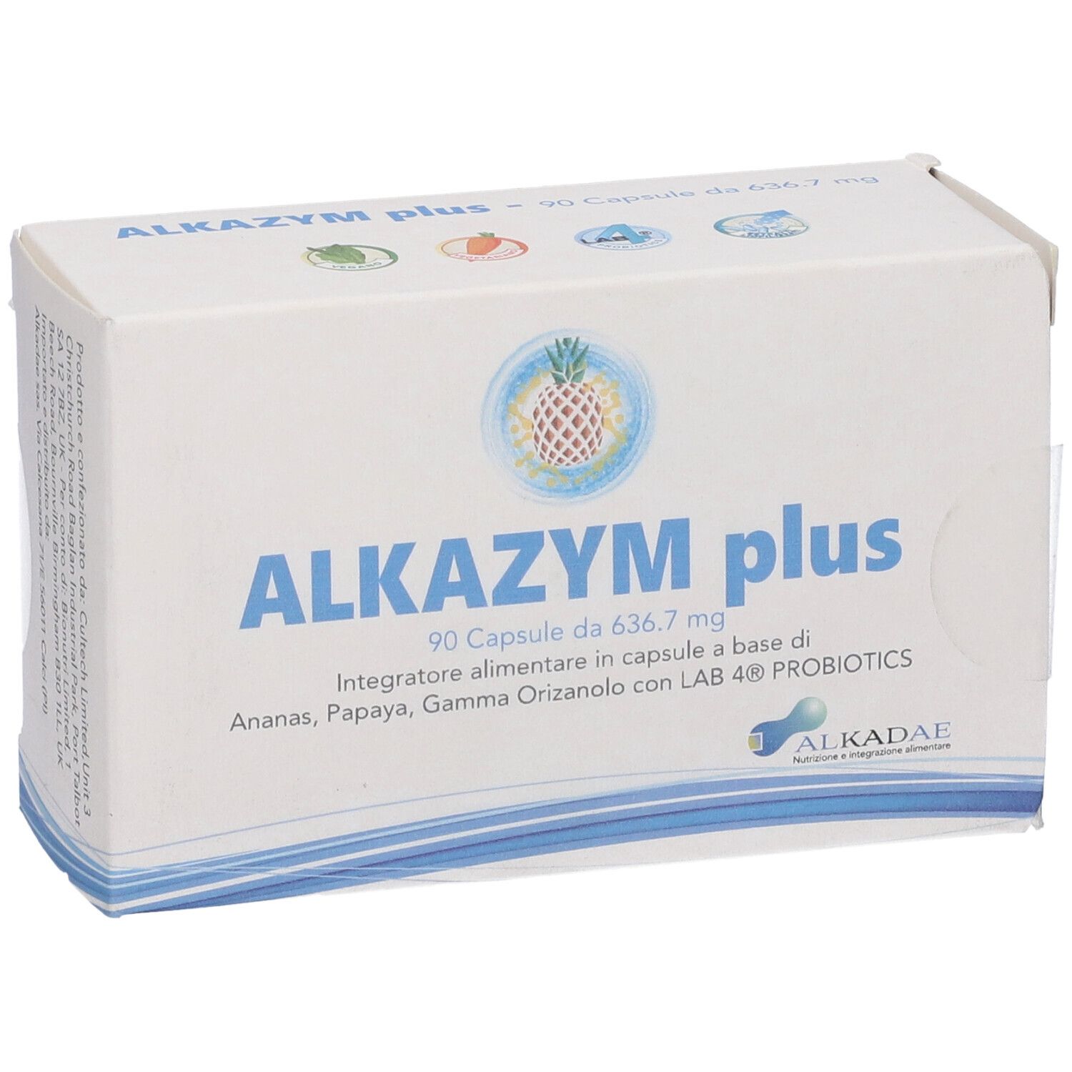 Scatola bianca con scritta blu ALKAZYM plus. Contiene 90 capsule. Logo ananas. Marchio ALKADAE.