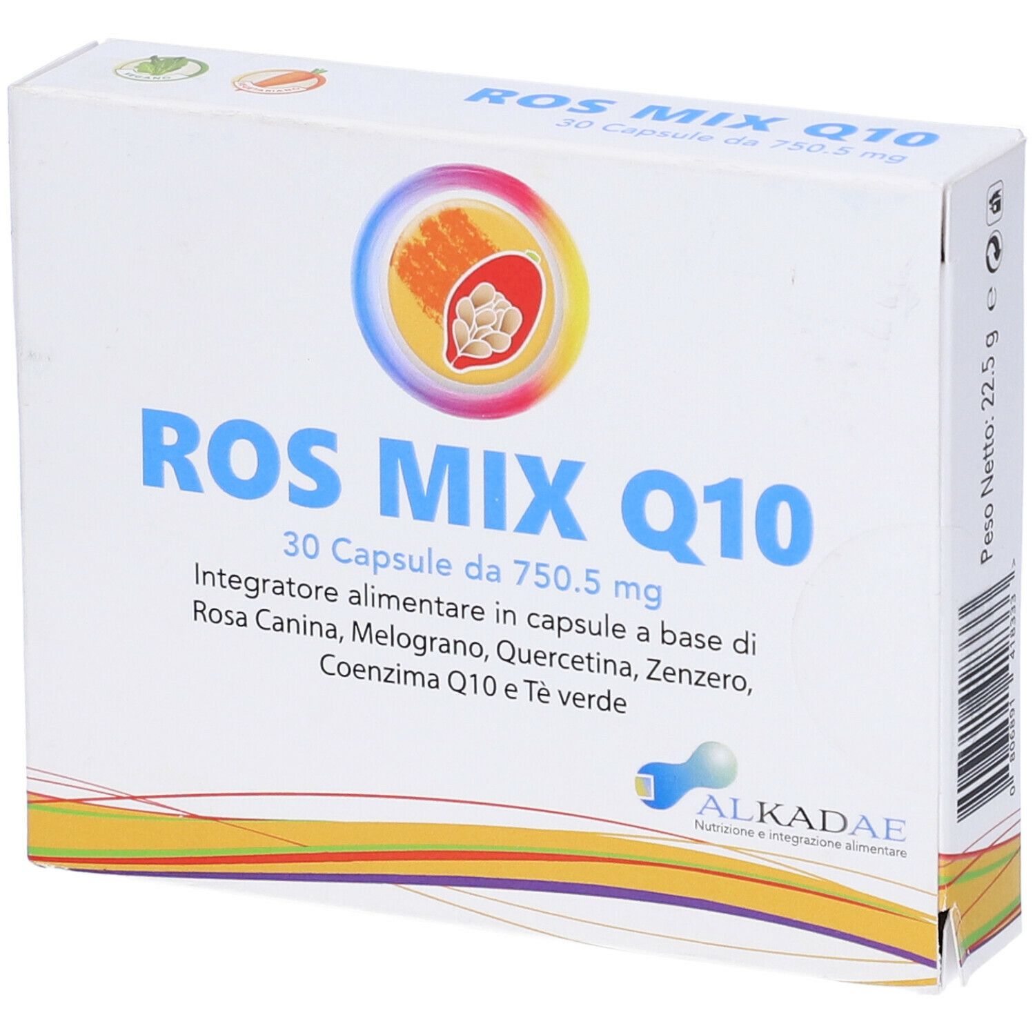 Scatola bianca con scritta blu ROS MIX Q10. Contiene 30 capsule. Marchio Alkadae.